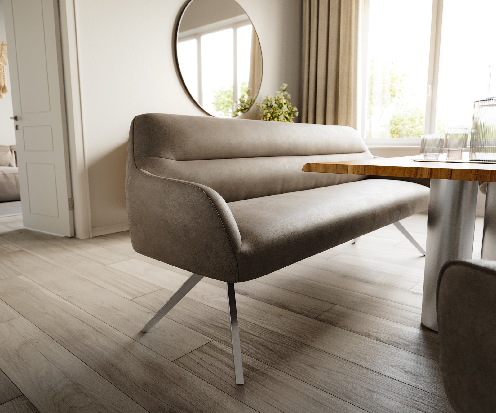 Esszimmerbank Taya-Flex 200 cm Mikrofaser Taupe Vintage Kreuzgestell kantig Edelstahl Taschenfederkern 4