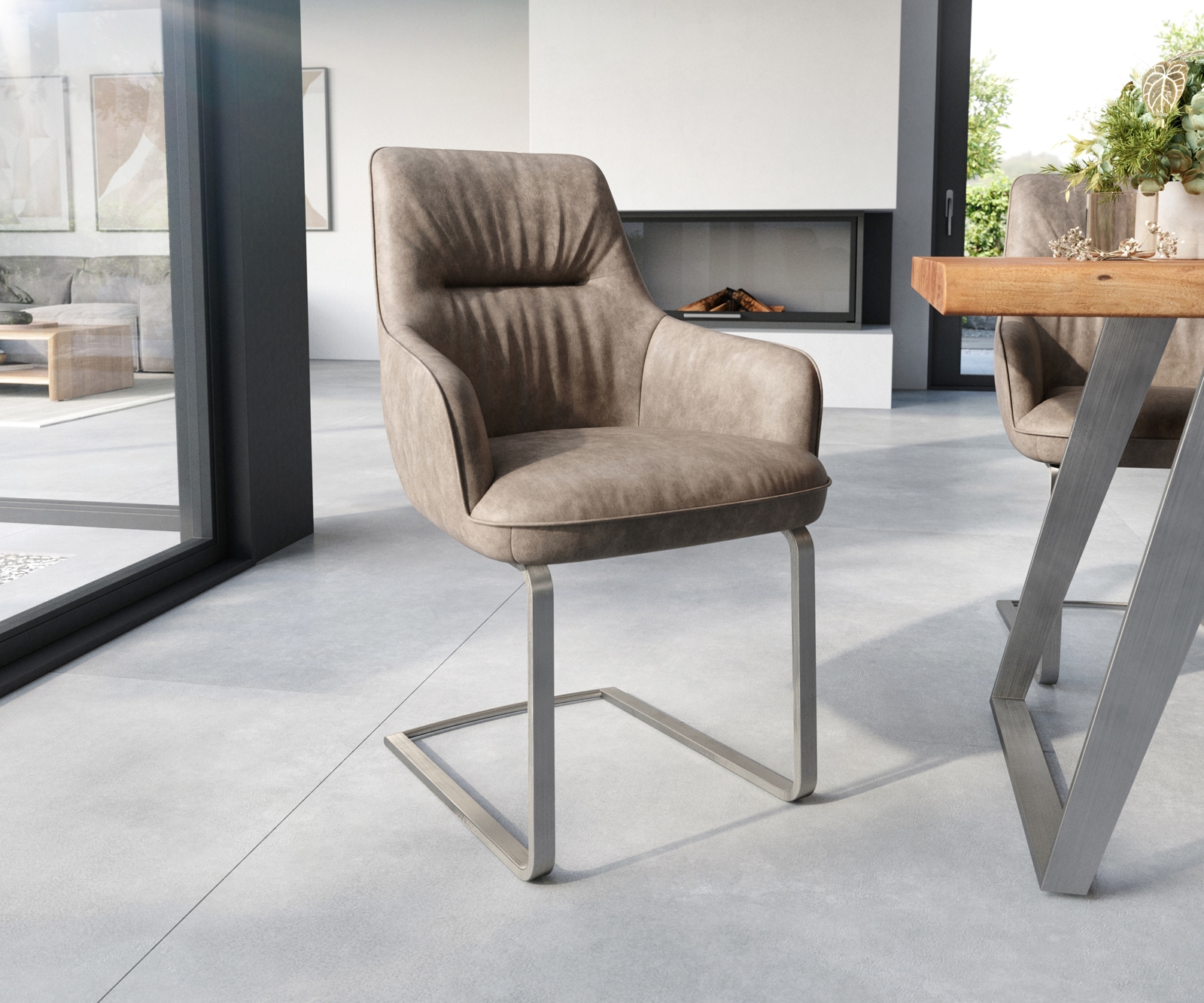 Freischwinger Zelia-Flex mit Armlehnen Mikrofaser Taupe Vintage Freischwinger flach Edelstahl Taschenfederkern