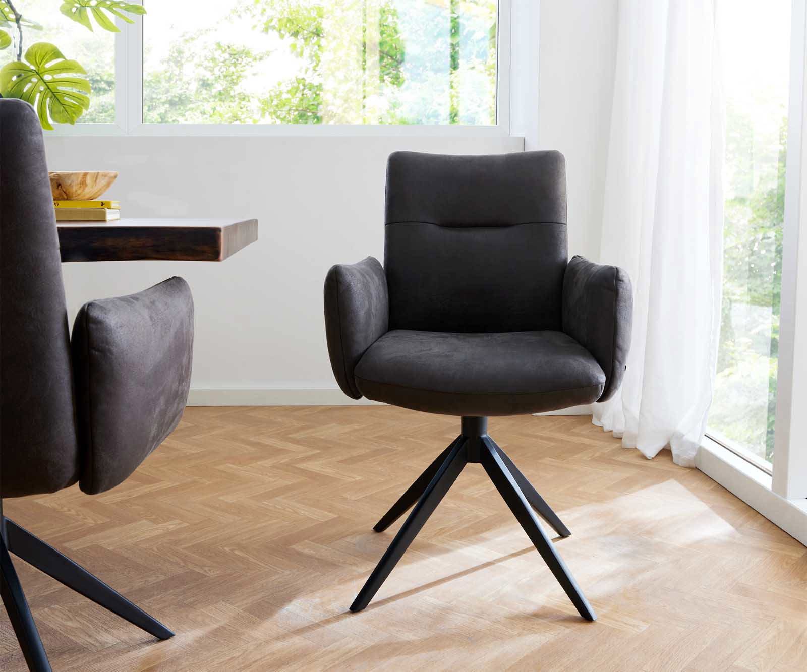 Drehstuhl Jova-Flex mit Armlehnen Mikrofaser Anthrazit Vintage Kreuzgestell breit Schwarz 360° drehbar Taschenfederkern 1