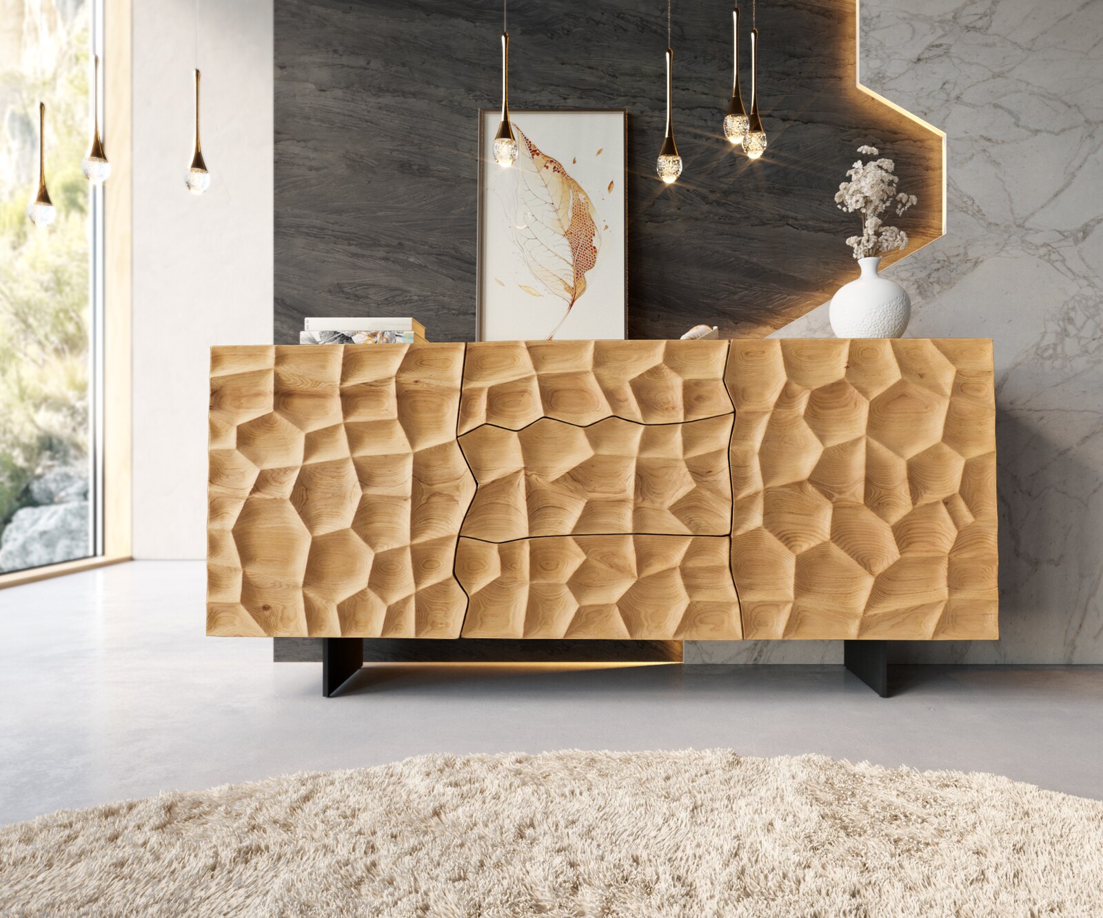 Sideboard Solu 175 cm Eiche Natur 2 Türen 3 Schübe Fuß schwebend Metall Schwarz 3D-Front 1