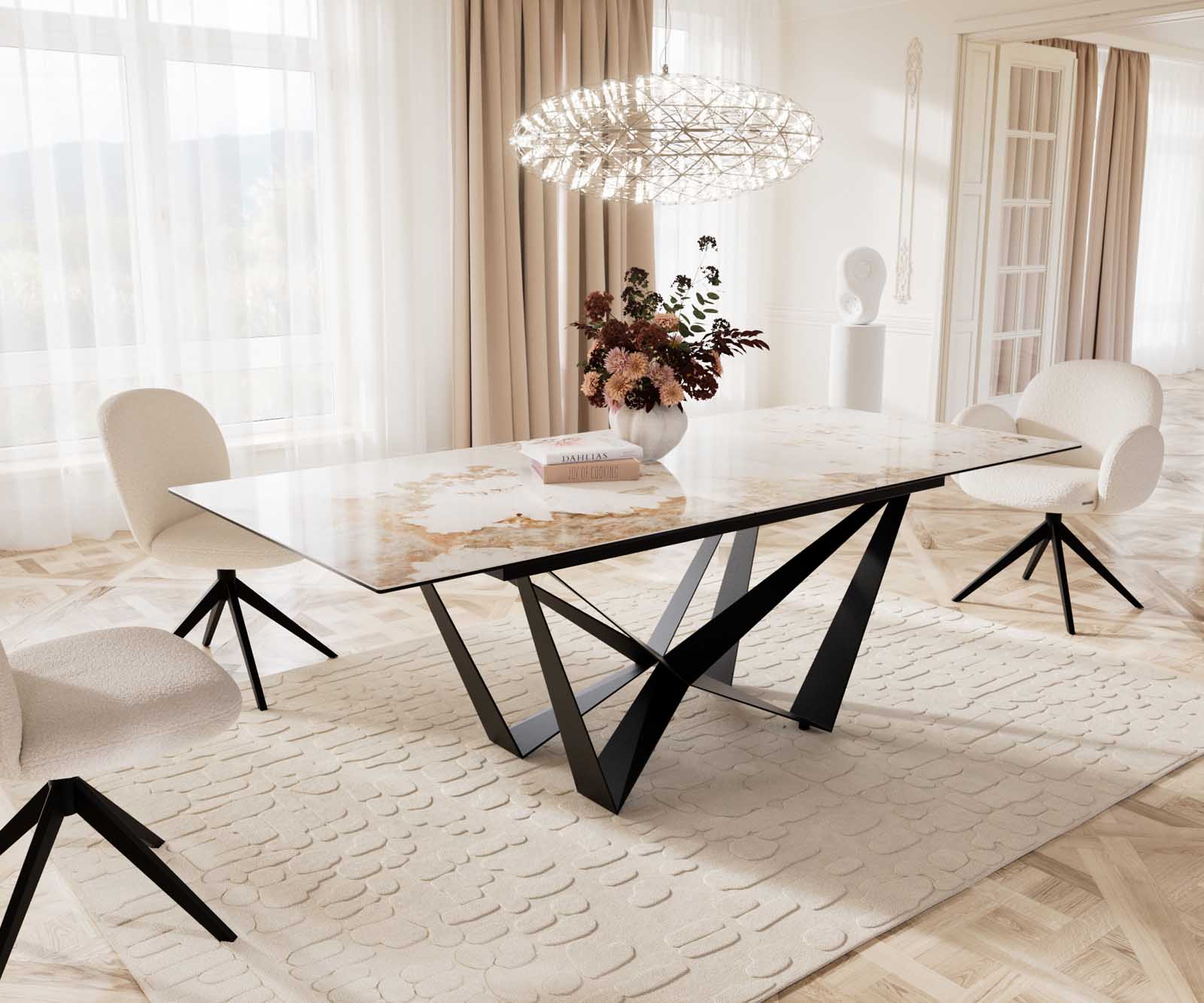 Esstisch Edge 180-220x100 Keramik Minas Melange Weiß-Beige Spider Flachstahl Schwarz ausziehbar Esstisch Edge 180-220x100 Keramik Minas Melange Weiß-Beige Spider Flachstahl Schwarz ausziehbar