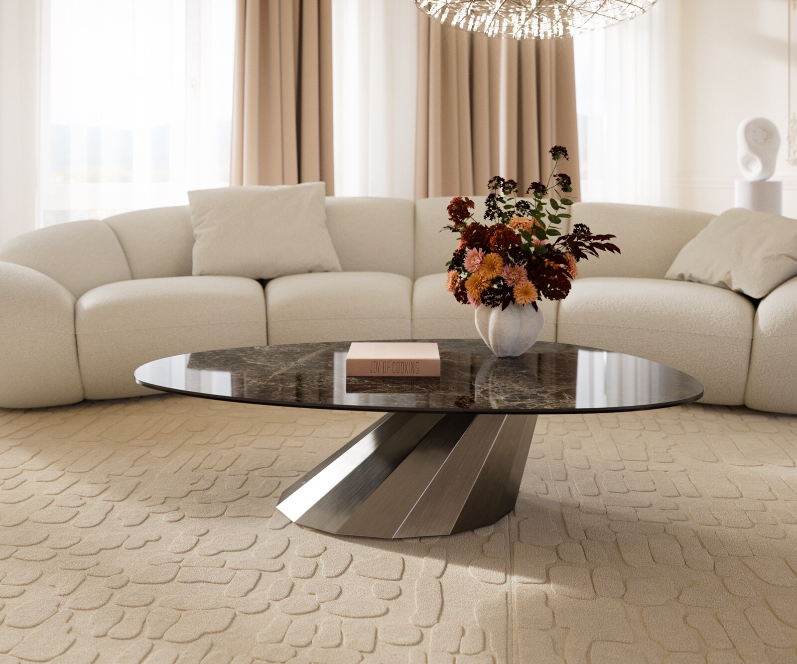 Couchtisch Edge Oval 140x75 cm Keramik Laminam® Emperador Extra Lucidato Dunkelbraun Parabi Edelstahl gebürstet 2