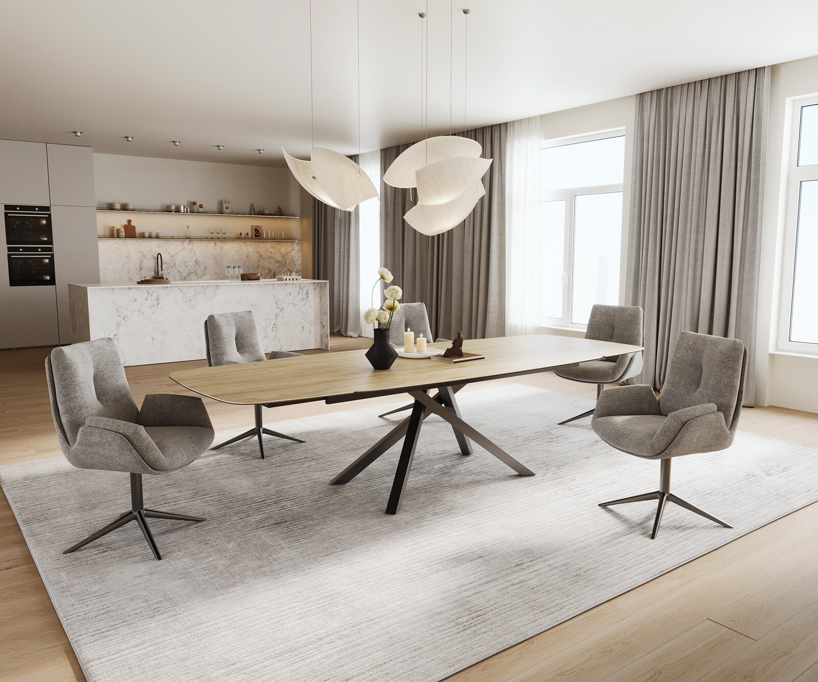 Esstisch Edge Boot 200-300x120 cm Keramik Laminam® Sabbia Eichefarbig Kreuzgestell Rechteck Edelstahl Graphit ausziehbar 7