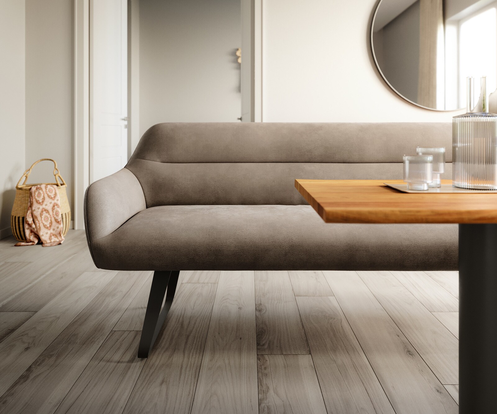 Esszimmerbank Taya-Flex 300 cm Mikrofaser Taupe Vintage Kufengestell flach Schwarz Taschenfederkern 1