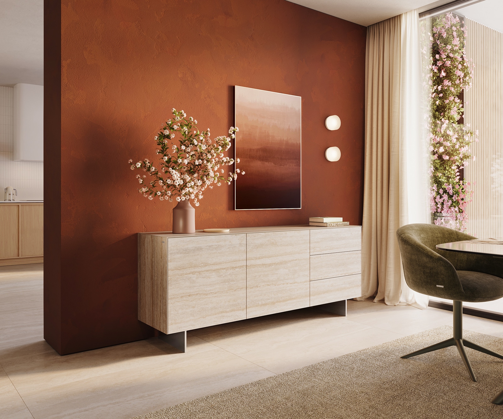 Sideboard Cuor 180 cm Keramik Laminam® Travertino Bianco Creme-Weiß 2 Türen 3 Schubfächer Fuß Schwebeoptik Edelstahl