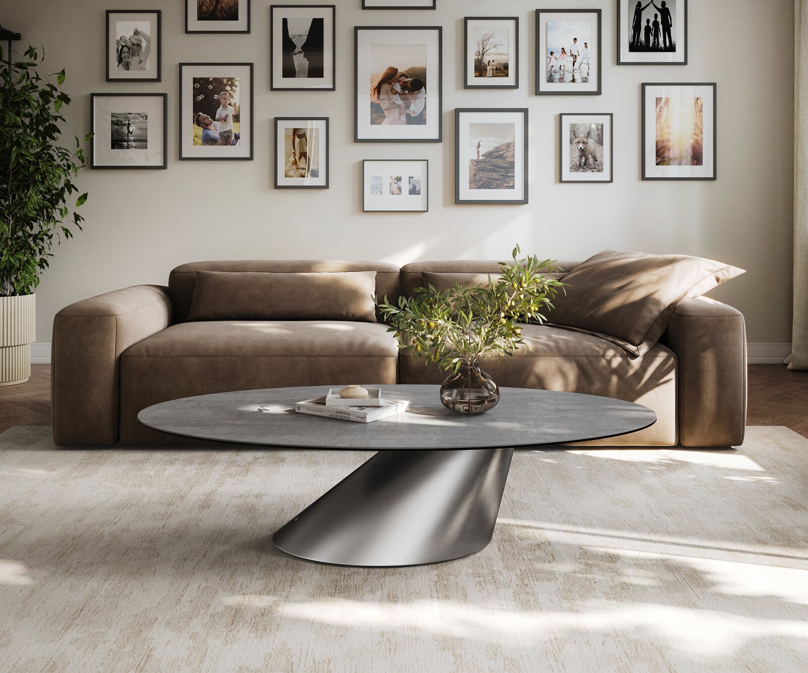 Couchtisch Edge Oval 140x80 cm Keramik Beton Grau Conis Edelstahl gebürstet 1
