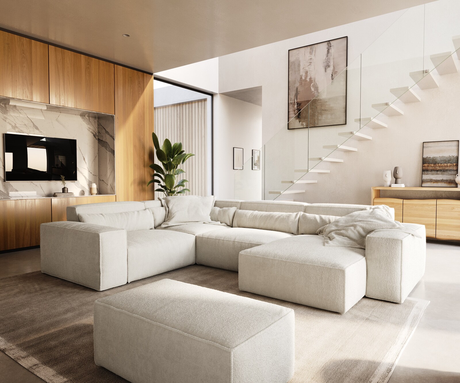 Wohnlandschaft Sirpio 300x210 cm Bouclé Creme-Weiß Recamiere variabel mit Hocker 7