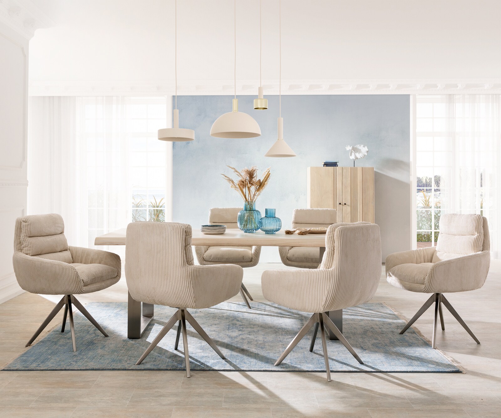 Esszimmerstuhl Abelia-Flex mit Armlehnen Cord Beige Kreuzgestell kantig Edelstahl 3