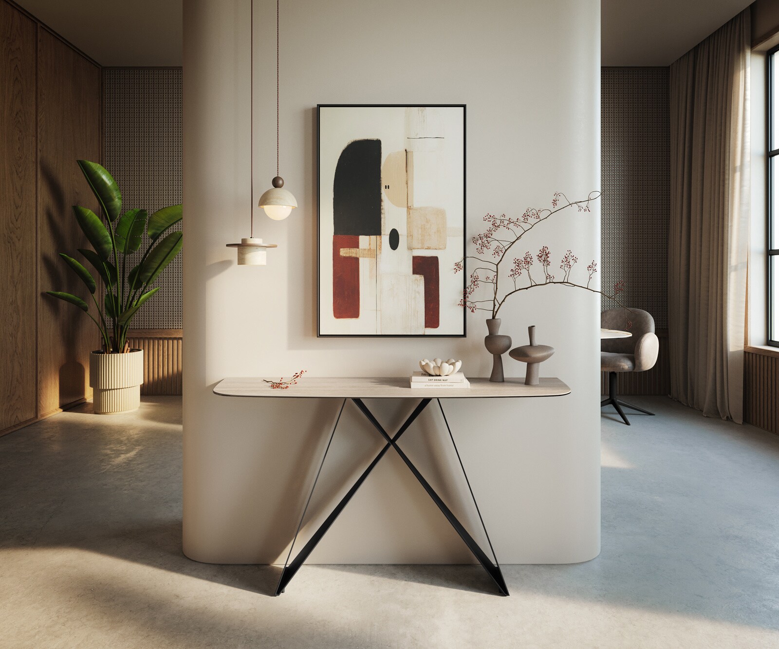 Konsolentisch Edge Boot 140x40 cm Keramik Laminam® Travertino Bianco Creme-Weiß Velio Metall Schwarz 3