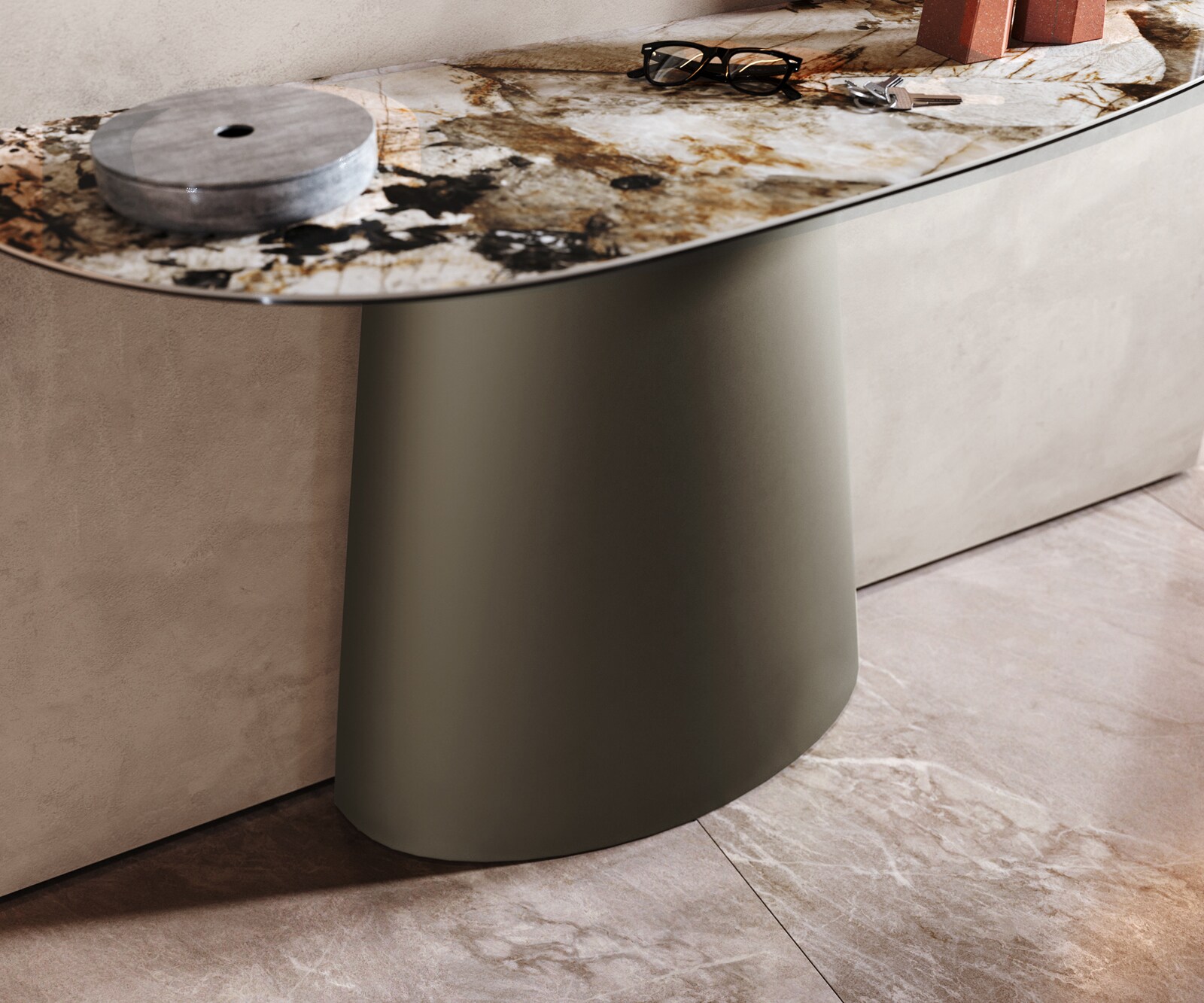 Konsolentisch Edge Oval 140x40 cm Keramik Patagonia Poliert Conos Metall Effektfinish Titan 5