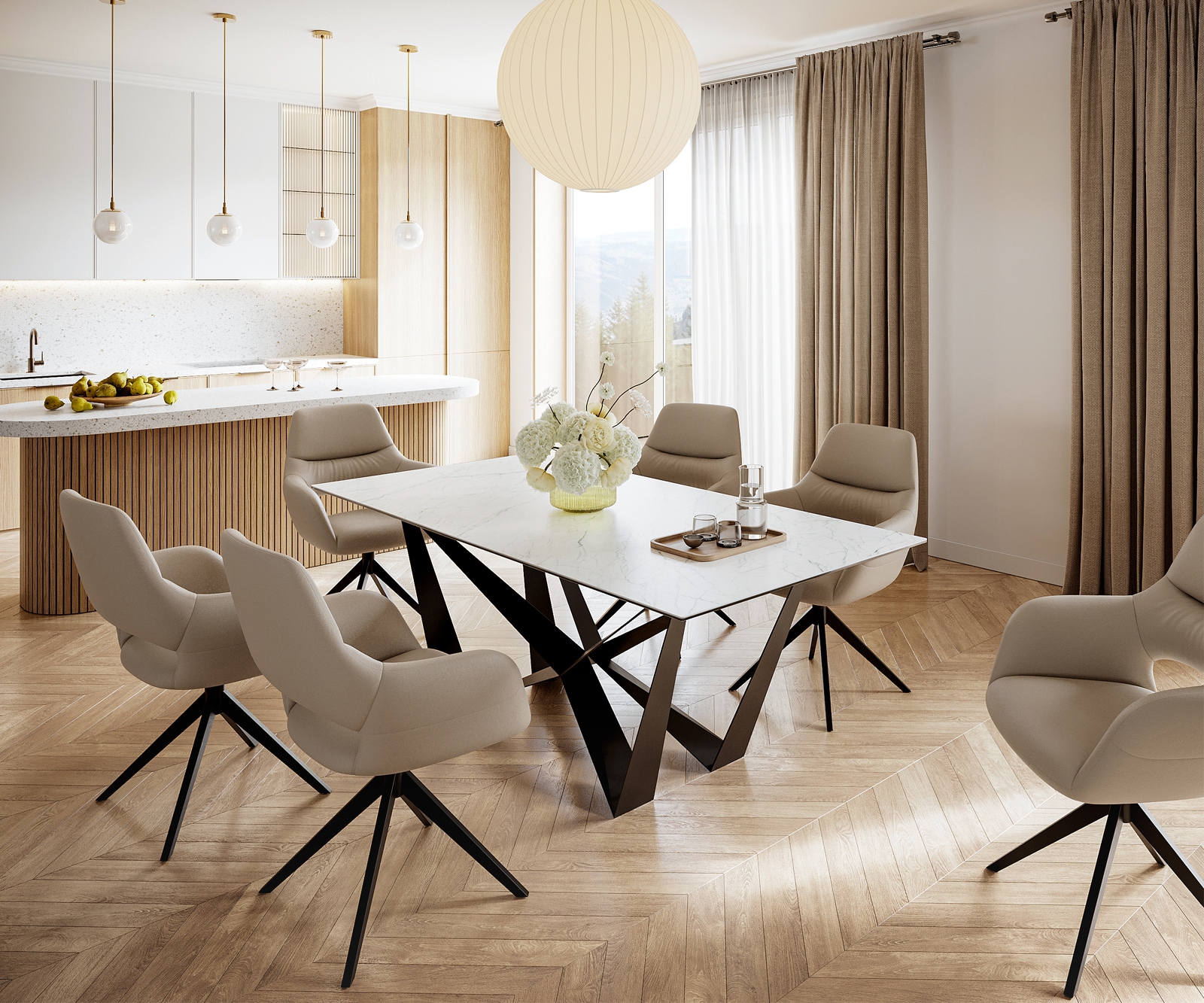 Esszimmertisch Edge Keramik Laminam®Statuarietto Weiß 200x100cm Mittelfuß Flachstahl Schwarz