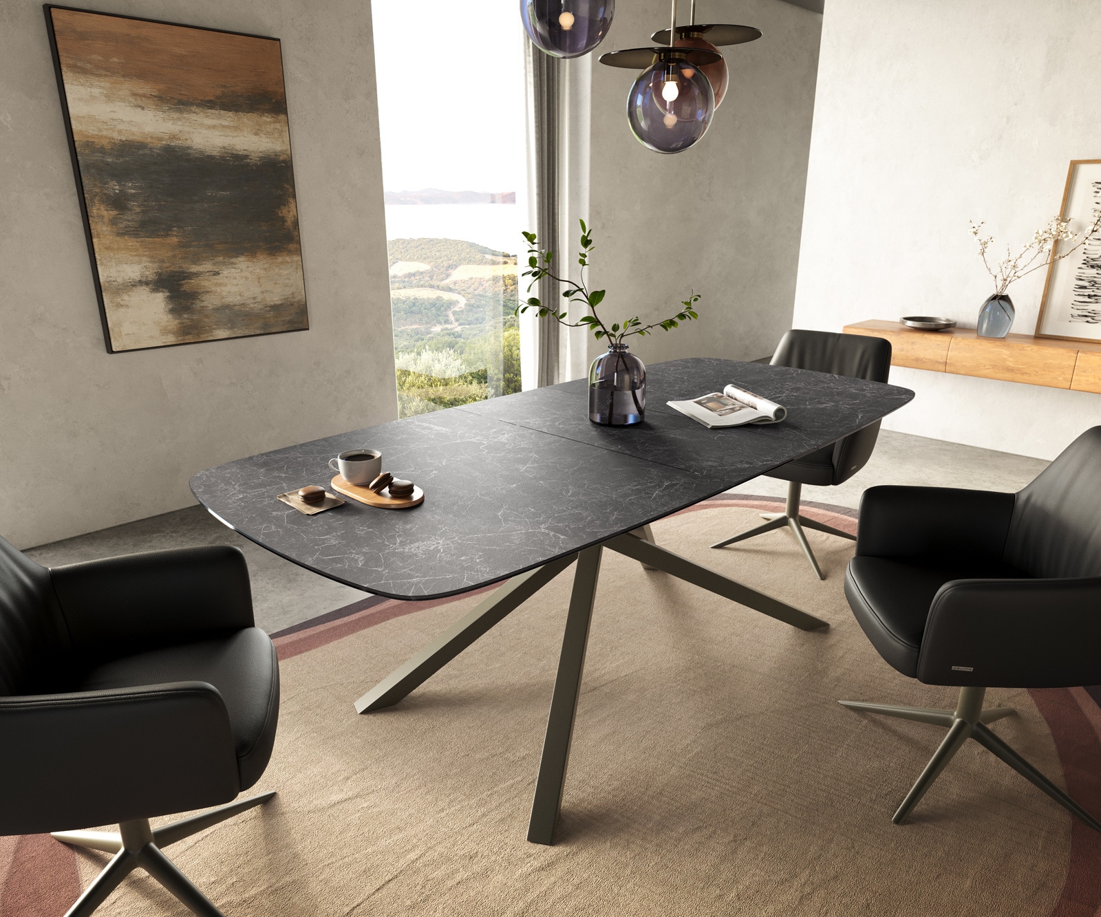 Esstisch Edge Boot 180-220x100 cm Keramik Laminam® Nero Greco Anthrazit Kreuzgestell Rechteck Effektfinish Titan ausziehbar