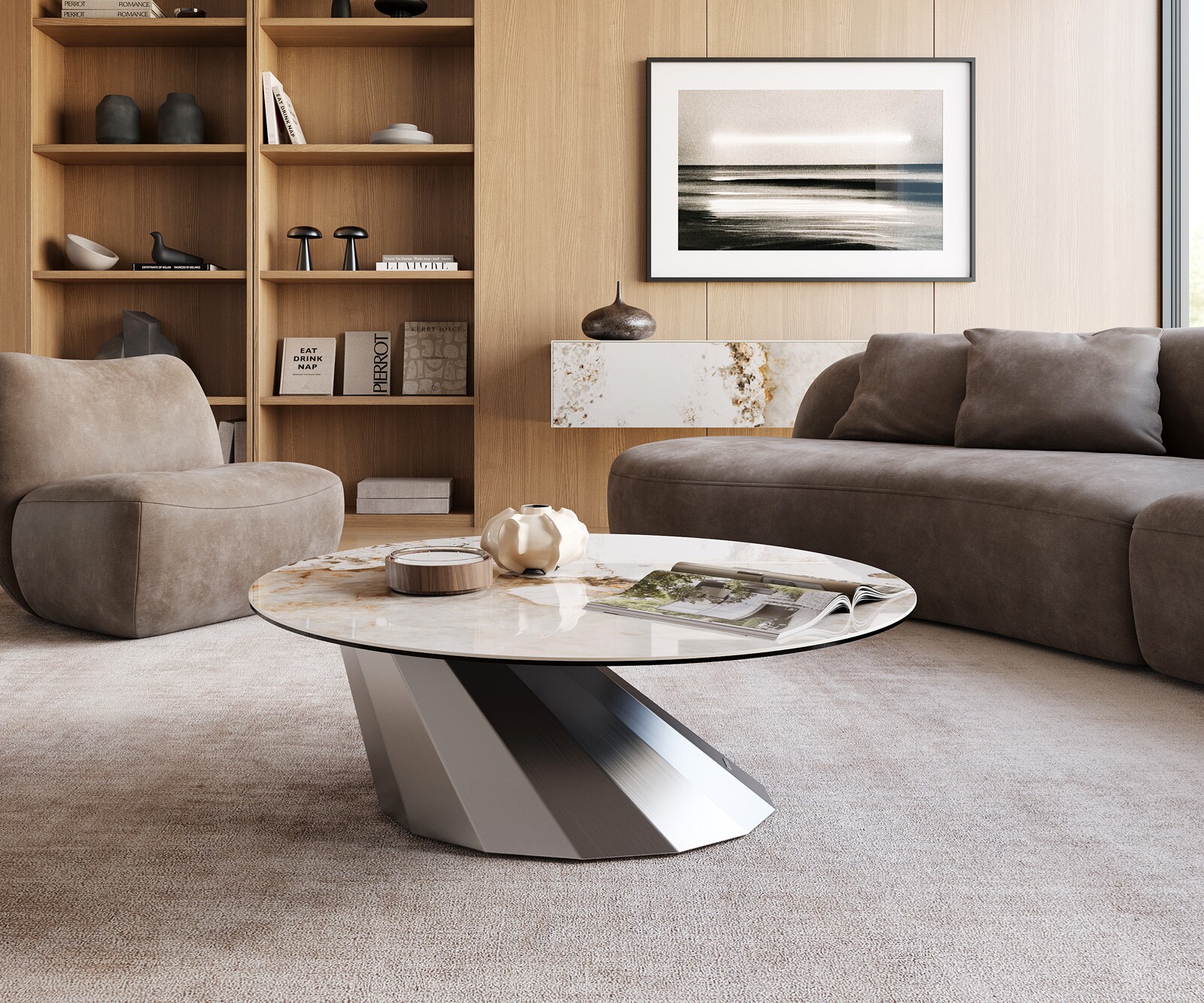 Couchtisch Edge Rund 100x100 cm Keramik Minas Melange Parabi Edelstahl gebürstet 1