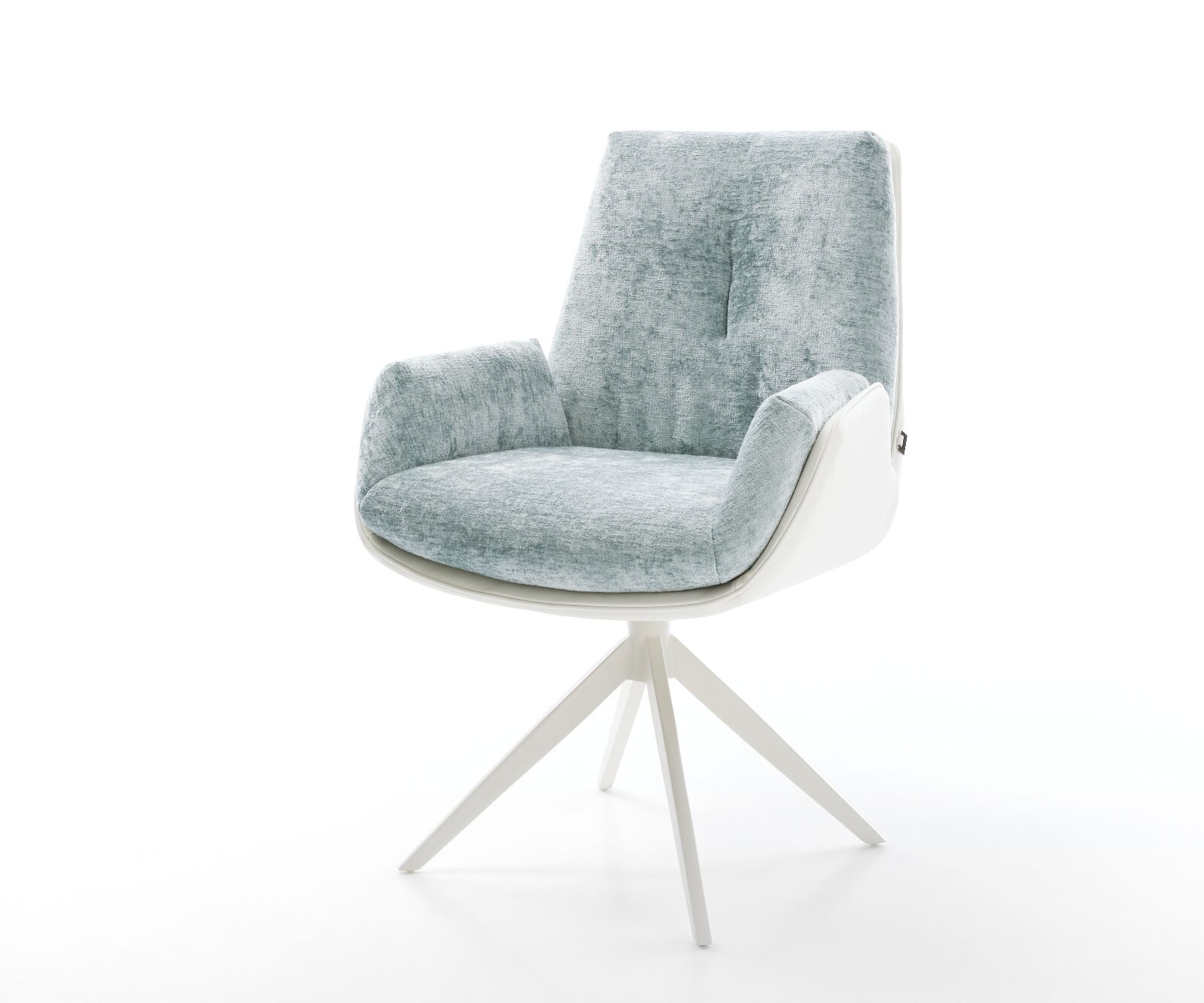 Drehstuhl Clea-Flex Materialmix Echt-Leder Weiß-Pastellblau Kreuzgestell breit Weiß 360° drehbar Wippfunktion