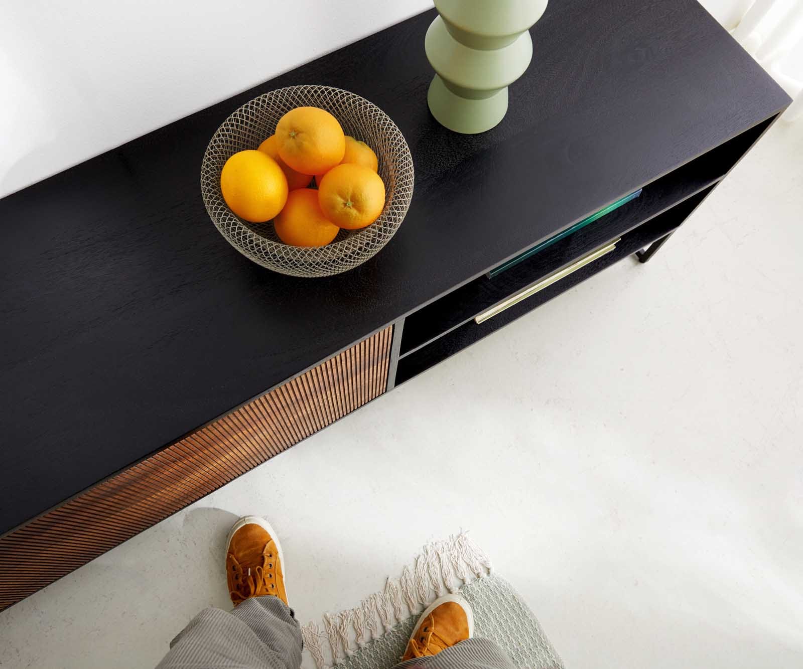 Lowboard Vaag 200 cm Sheesham Natur Mango Schwarz 2 Türen 2 Fächer 5