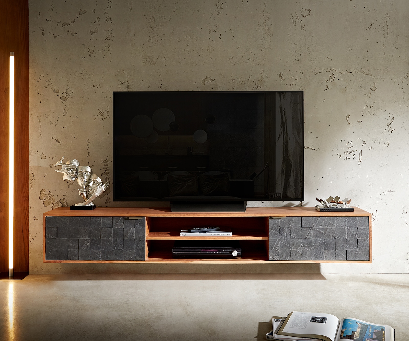 Lowboard Teele 200 cm Akazie Natur Schiefer 2 Türen schwebend 2