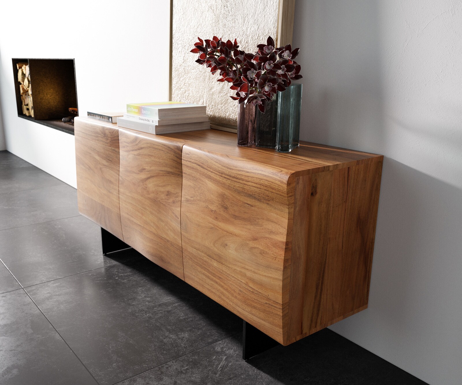 Sideboard New Live-Edge 145 cm Akazie Natur 3 Türen Fuß Schwebeoptik Metall Schwarz 1