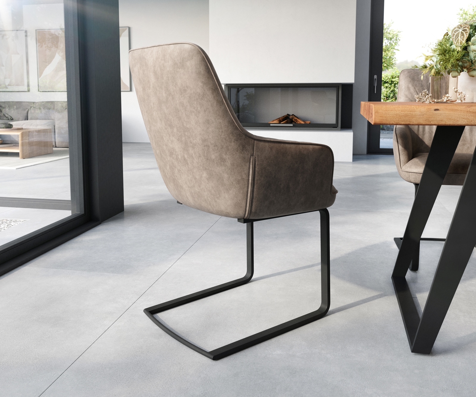 Freischwinger Zelia-Flex mit Armlehnen Mikrofaser Taupe Vintage Freischwinger flach Schwarz Taschenfederkern 5