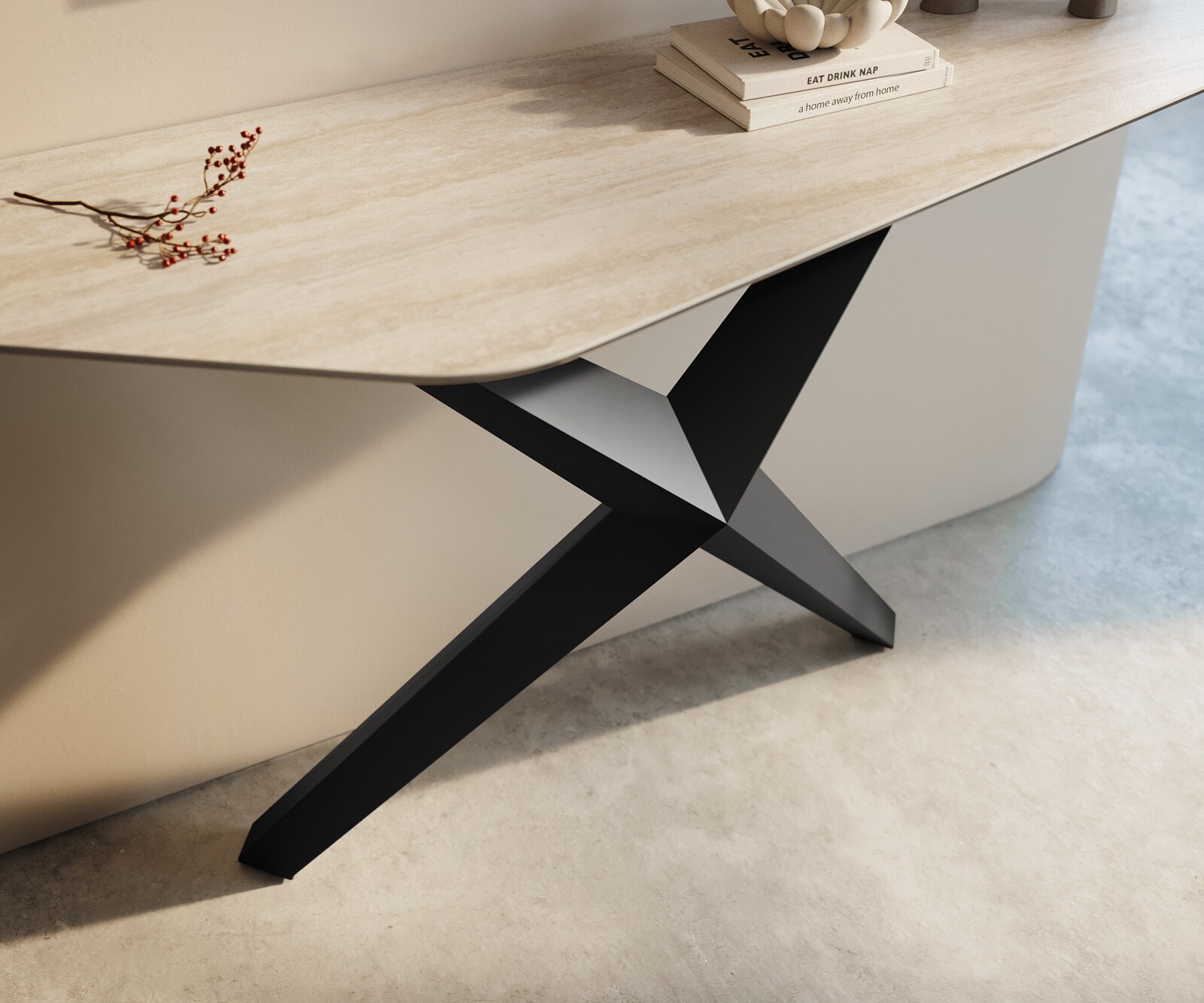 Konsolentisch Edge Polygonal 140x50 cm Keramik Laminam® Travertino Bianco Creme-Weiß Zentharo Metall Schwarz 5