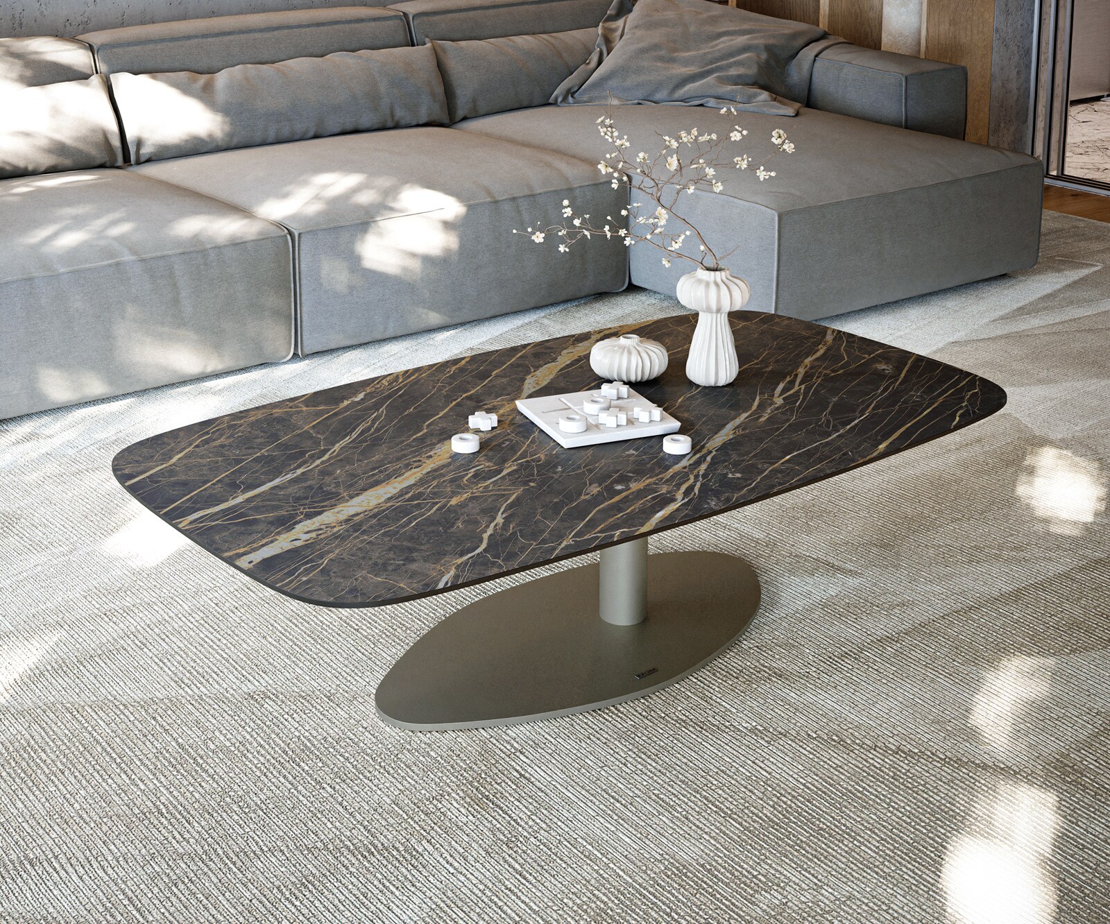 Couchtisch Edge Boot 140x80 cm Keramik Laminam® Noir Desir Braun Vibany Metall Effektfinish Titan 1