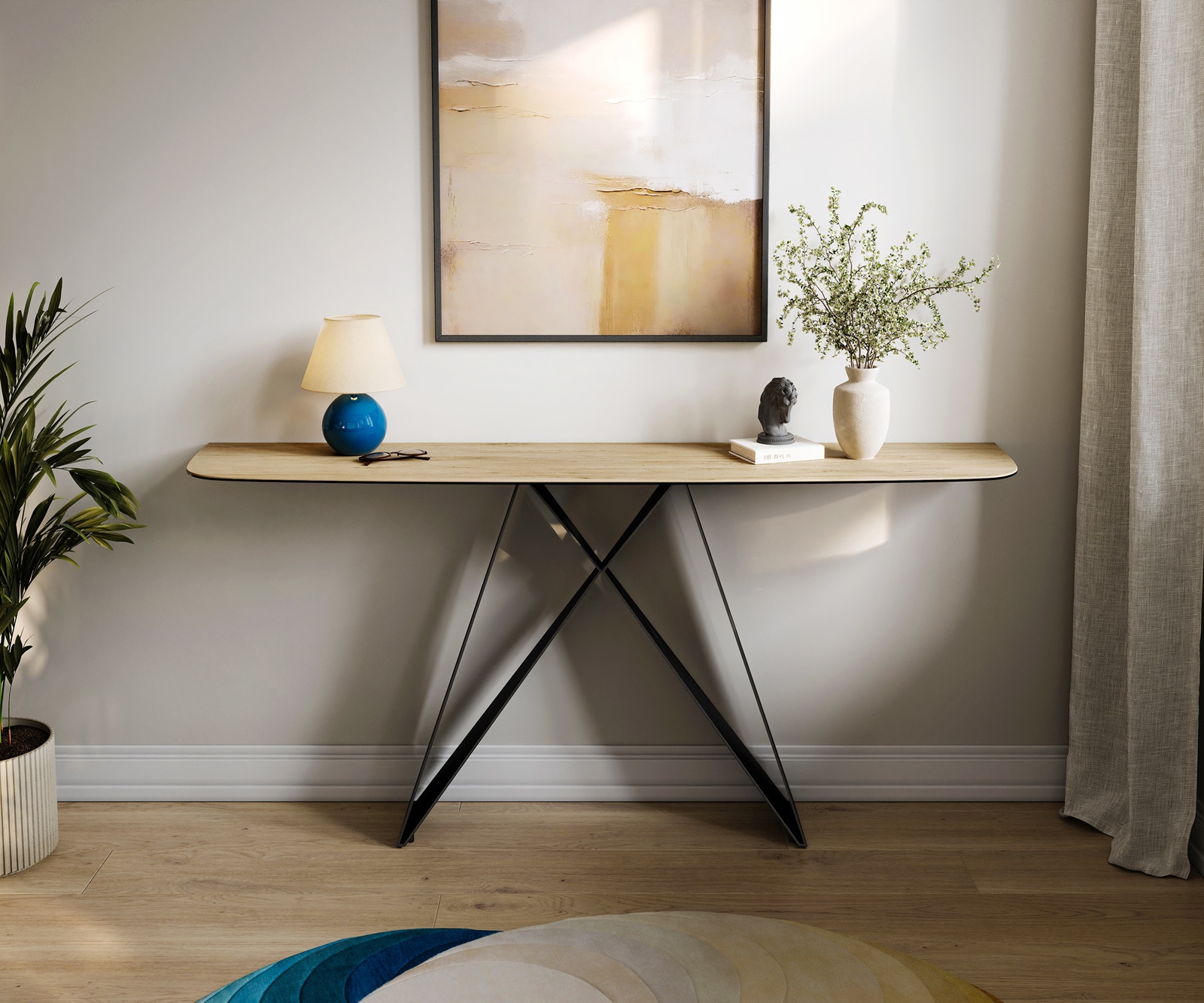 Konsolentisch Edge Boot 180x40 cm Keramik Laminam® Sabbia Eichefarbig Velio Metall Schwarz