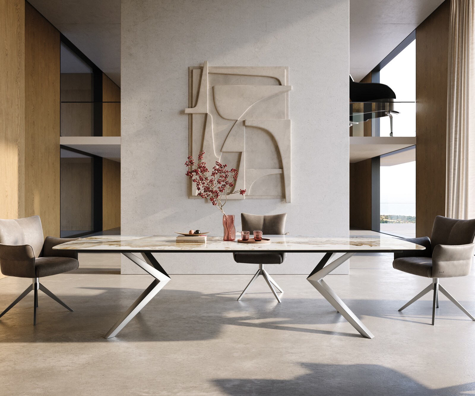 Esstisch Edge Boot 300x120 cm Keramik Minas Melange Weiß-Beige Zenthara kantig Edelstahl 1