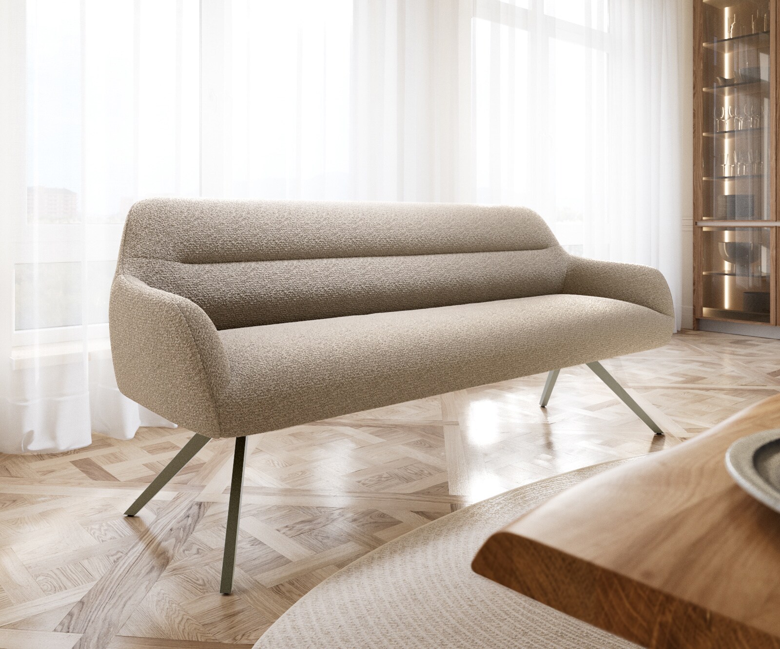 Esszimmerbank Taya-Flex 200 cm Bouclé Schlamm Kreuzgestell kantig Effektfinish Titan Taschenfederkern 1