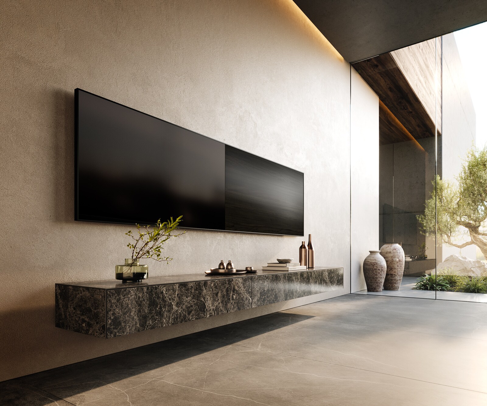 Lowboard Cuor 250 cm Keramik Laminam® Emperador Extra Lucidato Dunkelbraun 1 Klappe 1 Schubfach Schwebend 1
