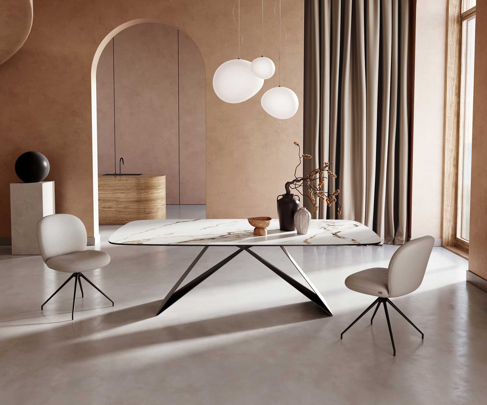 Esstisch Edge Boot 240x120 Keramik Calacatta Luxe Weiß-Gold-Grau V-Gestell Flachstahl Schwarz 1