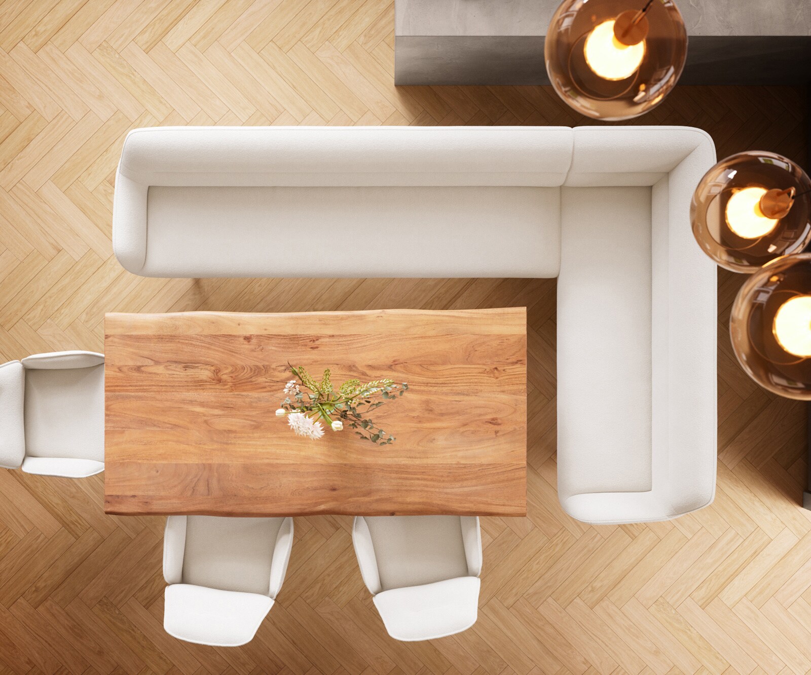 Esszimmerbank Taya-Flex 285x190 cm Bouclé Creme-Weiß Kufengestell flach Schwarz Taschenfederkern Links 6