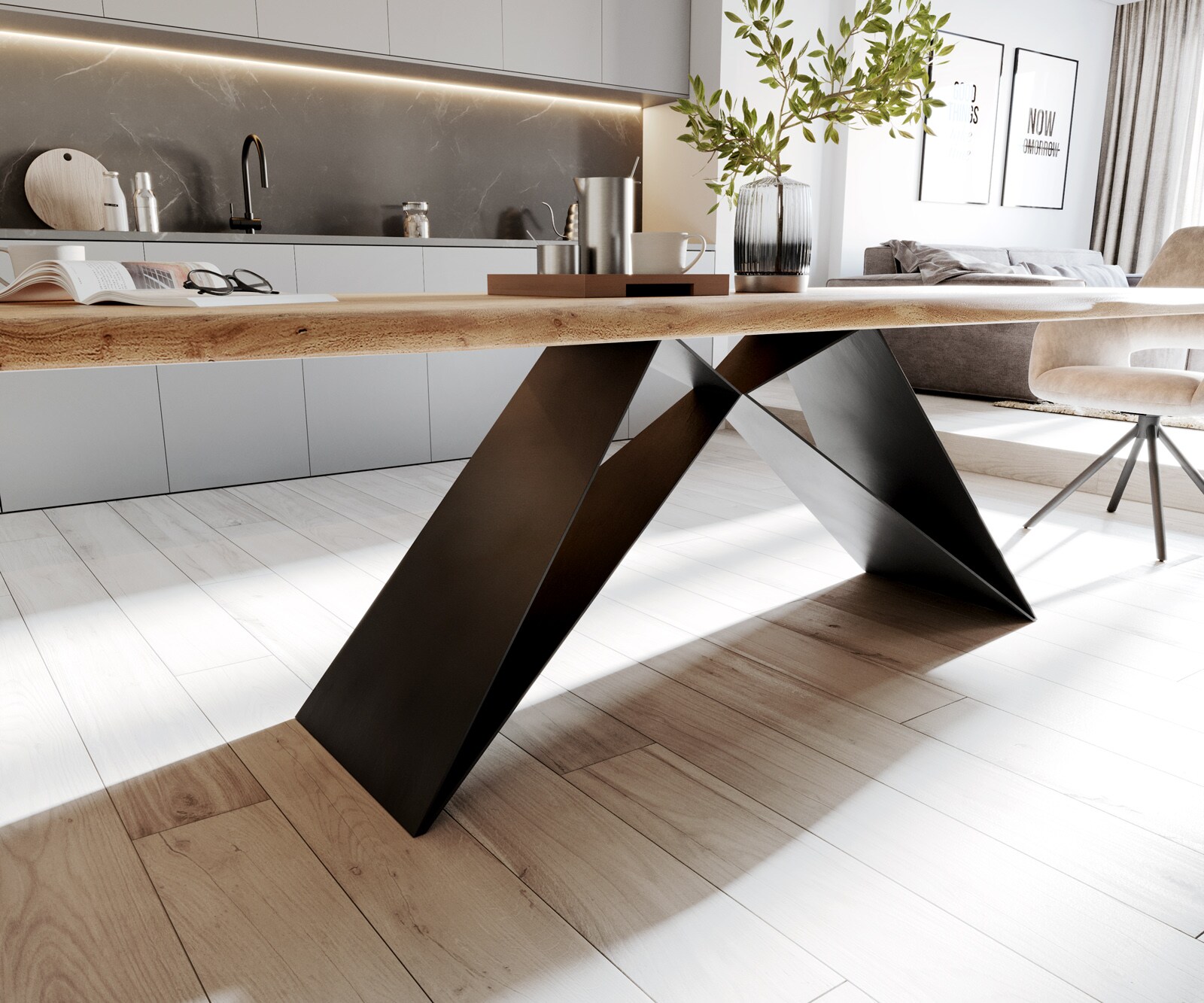 Esstisch Edge 260x100 Akazie Natur V-Gestell Flachstahl Schwarz Live-Edge 5