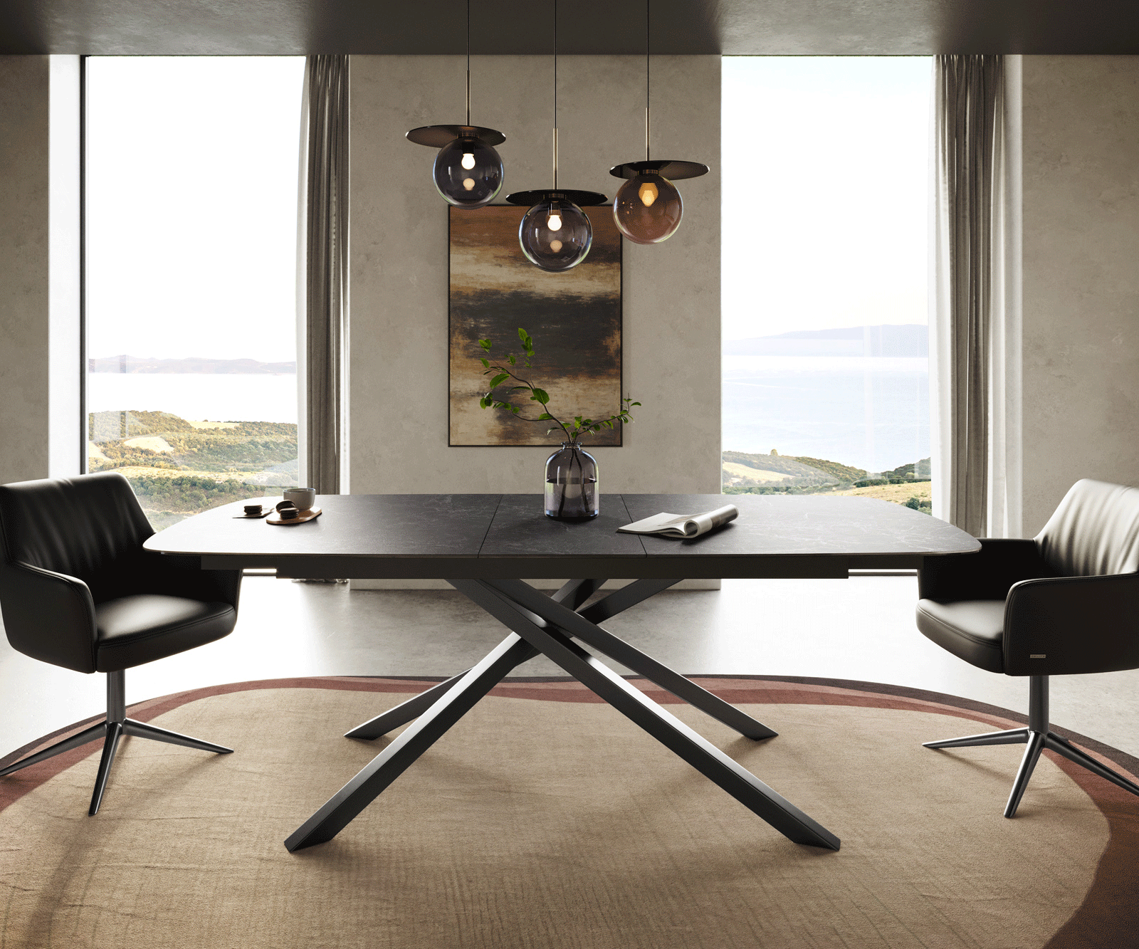 Esstisch Edge Boot 180-220x100 cm Keramik Laminam® Nero Greco Anthrazit Kreuzgestell Rechteck Edelstahl Graphit ausziehbar 2