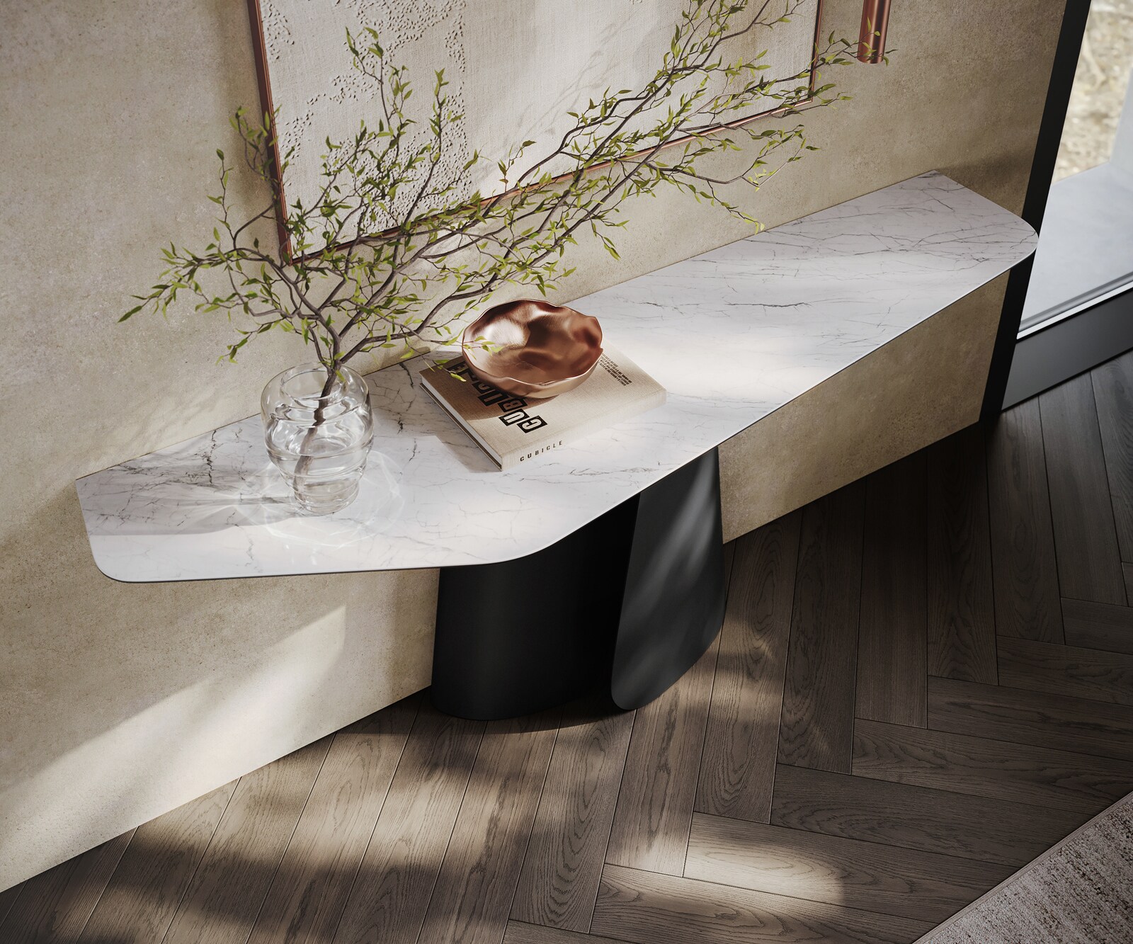 Konsolentisch Edge Polygonal 180x50 cm Keramik Laminam® Statuarietto Weiß Livos Metall Schwarz 2