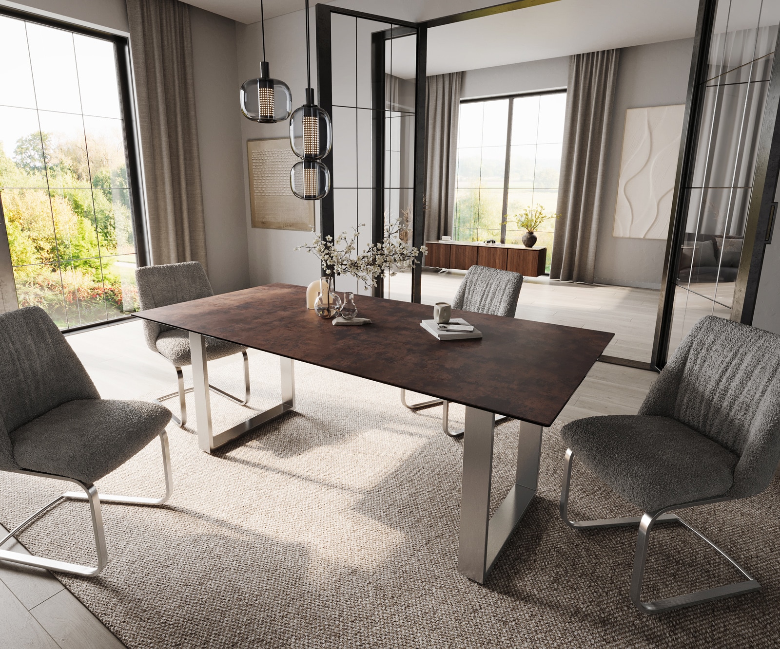 Esstisch Edge 200x100 Glas Antique-braun Edelstahl Schmal 4 Esstisch Edge 200x100 Glas Antique-braun Edelstahl Schmal 4