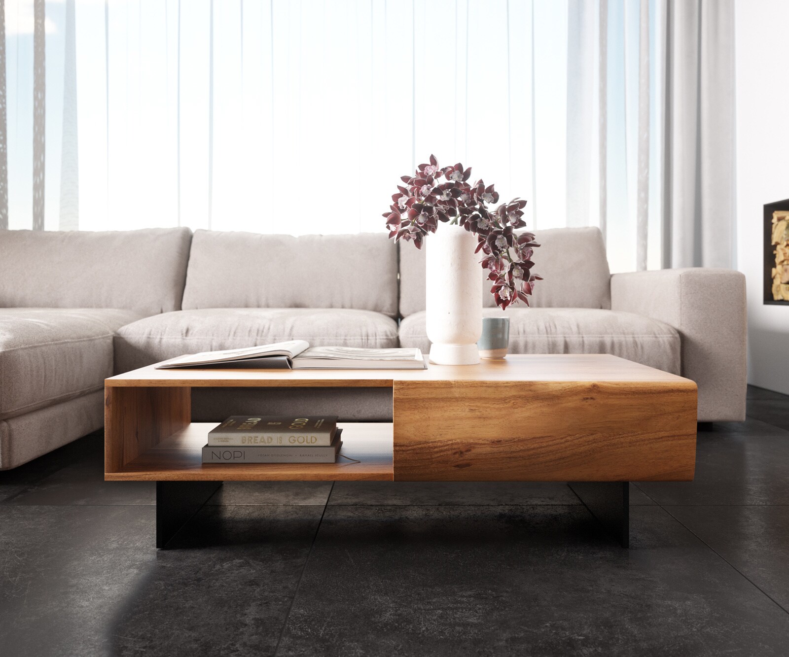 Couchtisch New Live-Edge 115x60 cm Akazie Natur 2 Schubladen 1 Fach Fuß schwebend Metall Schwarz 1