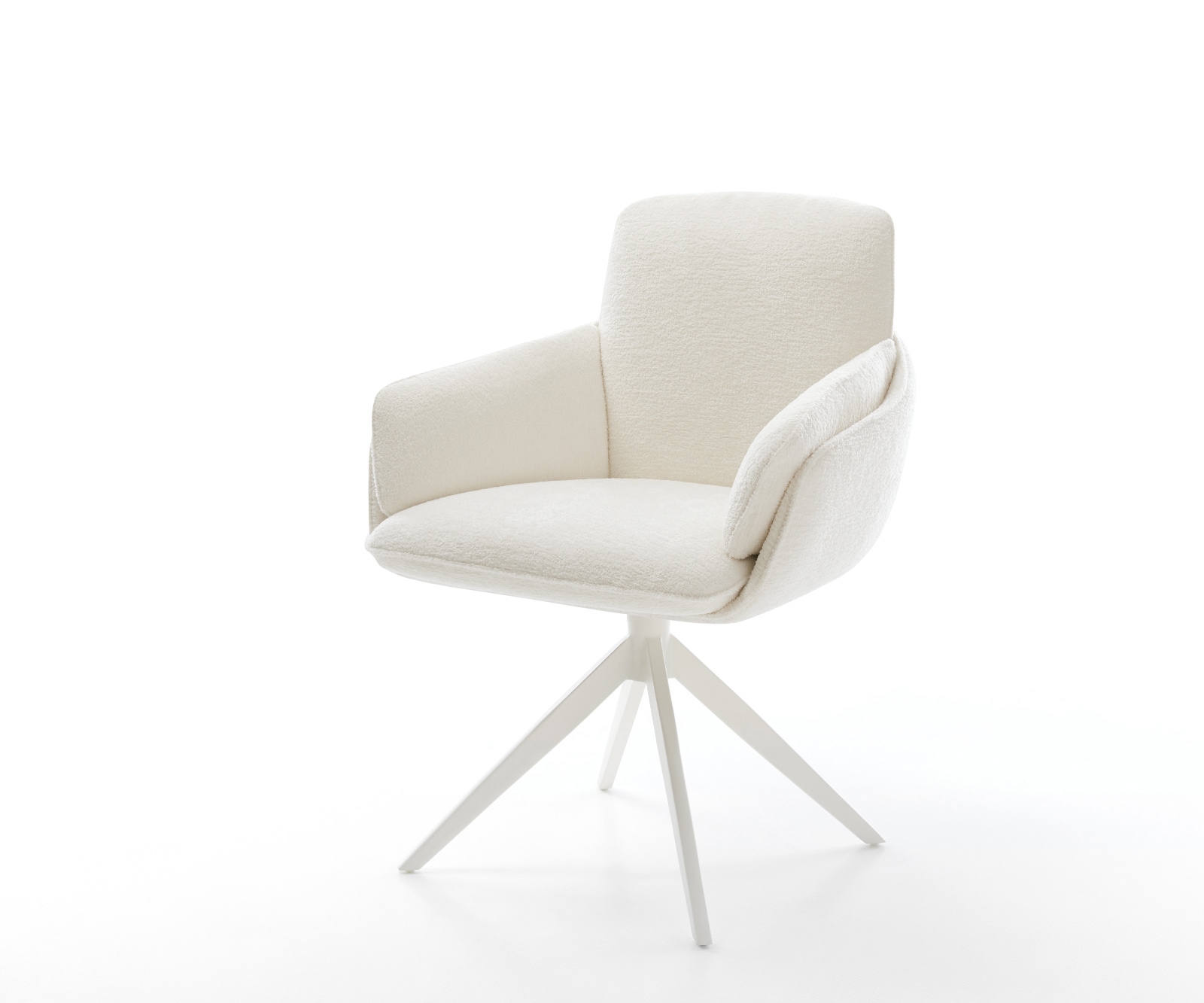 Drehstuhl Luan-Flex mit Armlehnen Bouclé Soft Beige Kreuzgestell breit Weiß 360° drehbar Wippfunktion