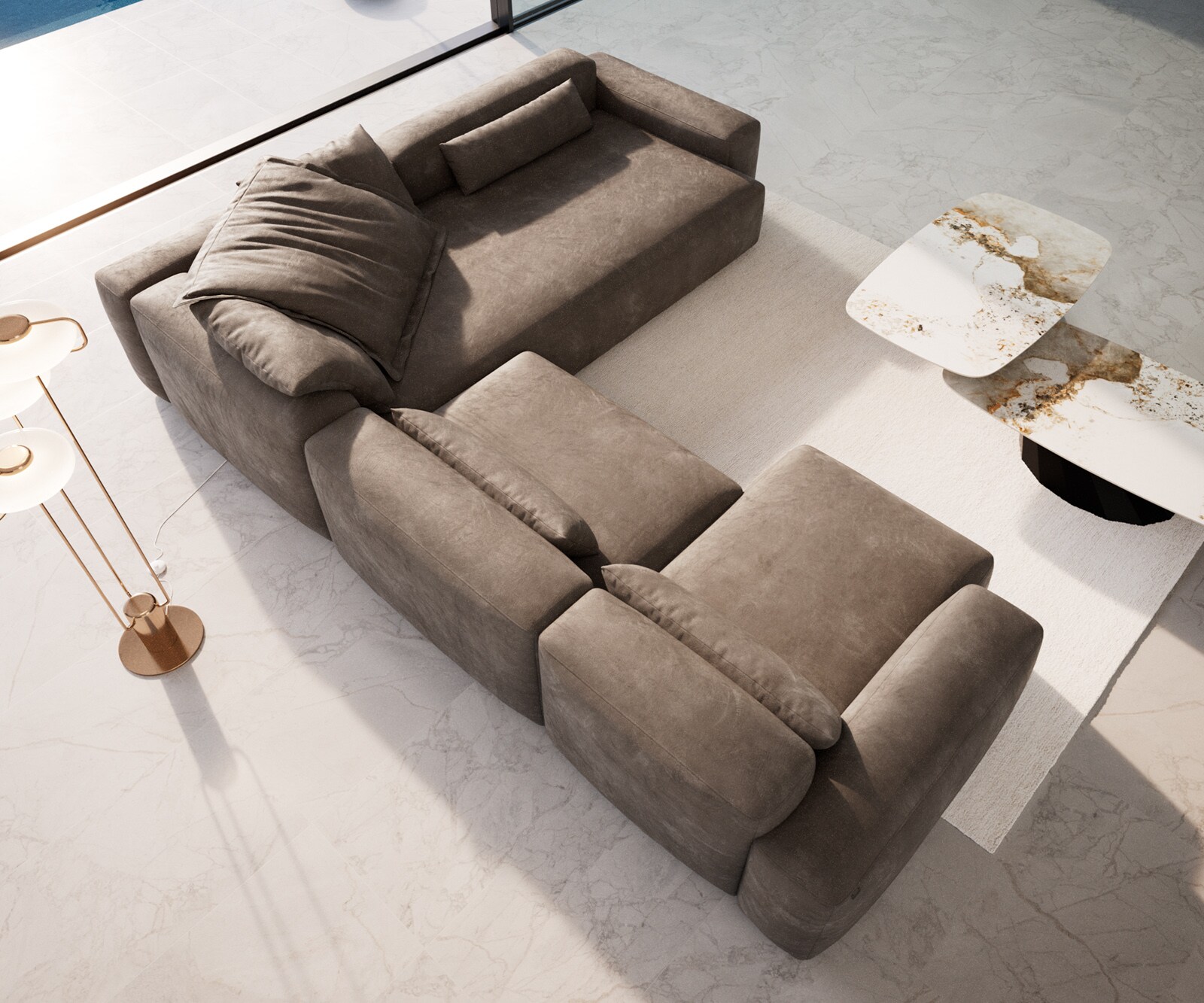 Wohnlandschaft Freestyle 360x290 cm Mikrofaser Taupe Vintage Kappnaht 3