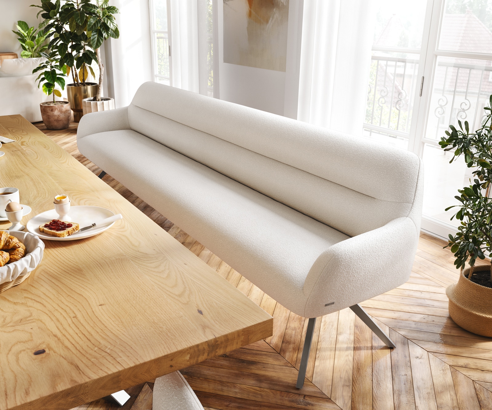 Esszimmerbank Taya-Flex 300 cm Bouclé Creme-Weiß Kreuzgestell kantig Graphit Taschenfederkern