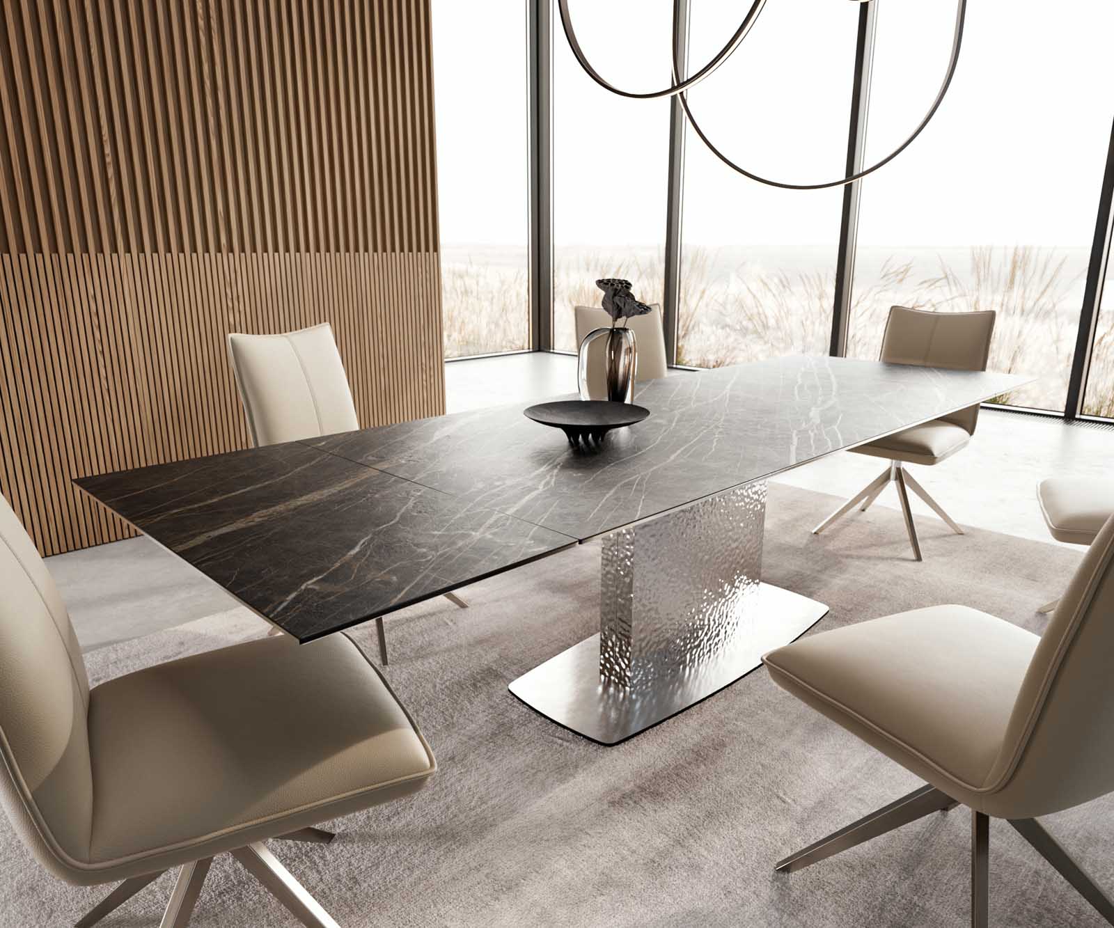 Esstisch Edge 200-300x100 Keramik Laminam®Noir Desir Braun Wave Edelstahl ausziehbar 2