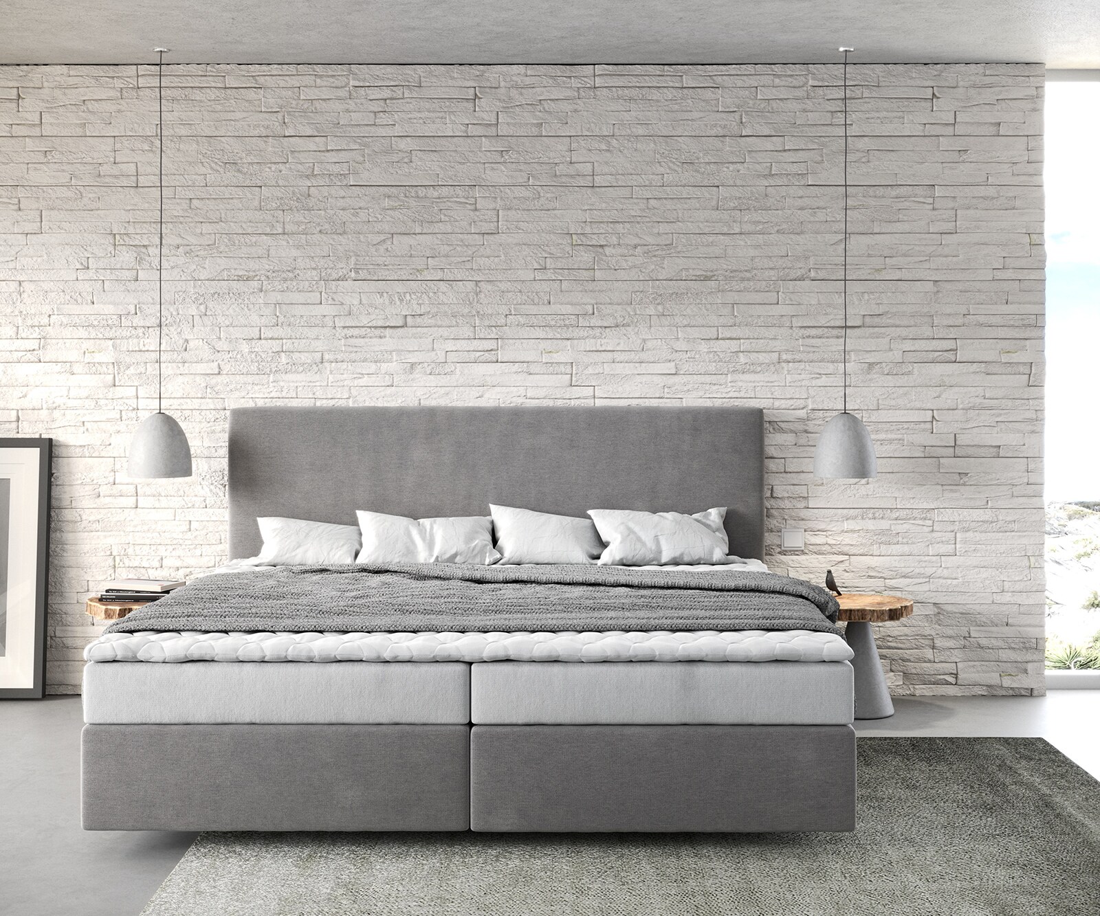 Boxspringbett Dream-Well Mikrofaser Grau 200x200 cm Bonell-Matratze PU-Topper 1