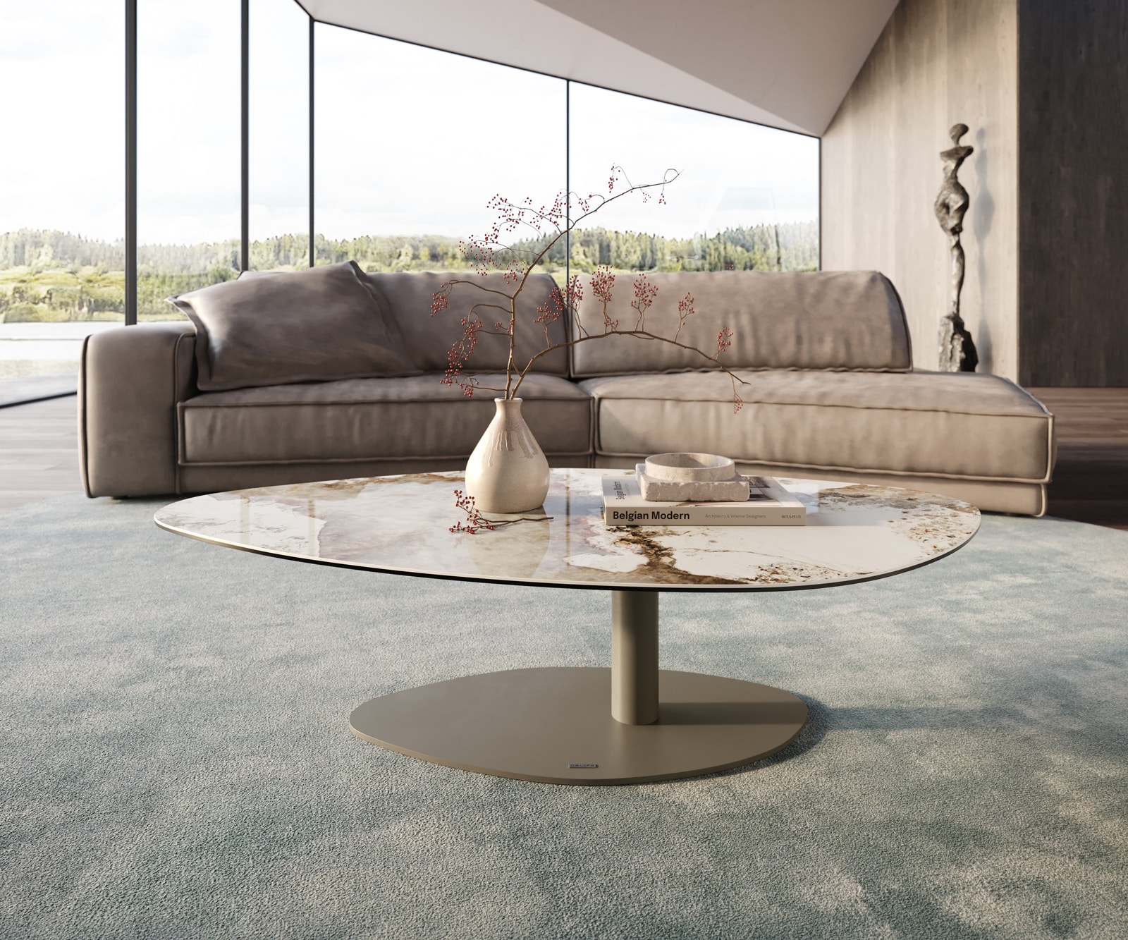 Couchtisch Edge Organisch 140x76 cm Keramik Minas Melange Vibany Metall Effektfinish Titan
