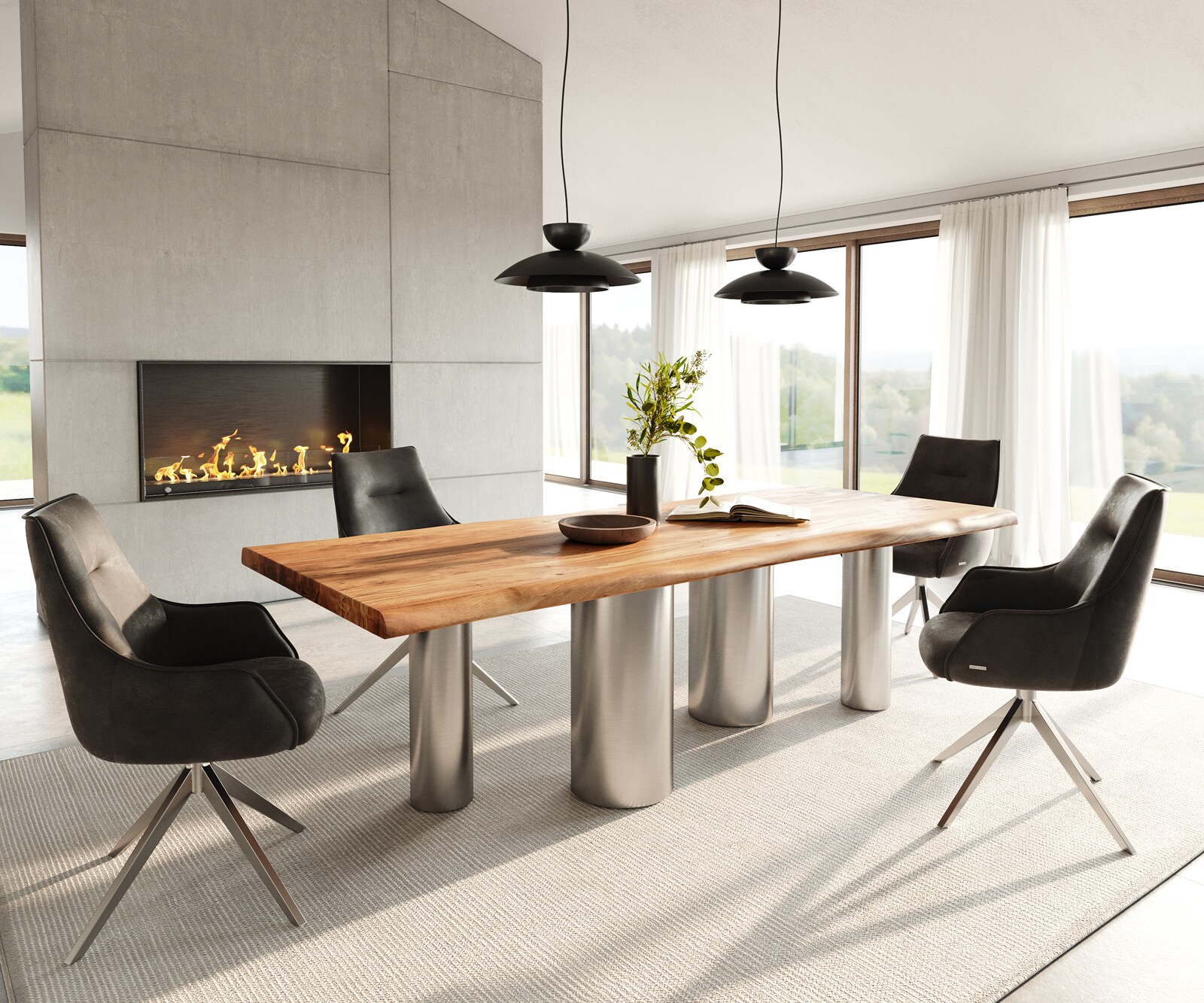 Esstisch Edge 240x100 Akazie Natur Pilier Edelstahl gebürstet Live-Edge 4