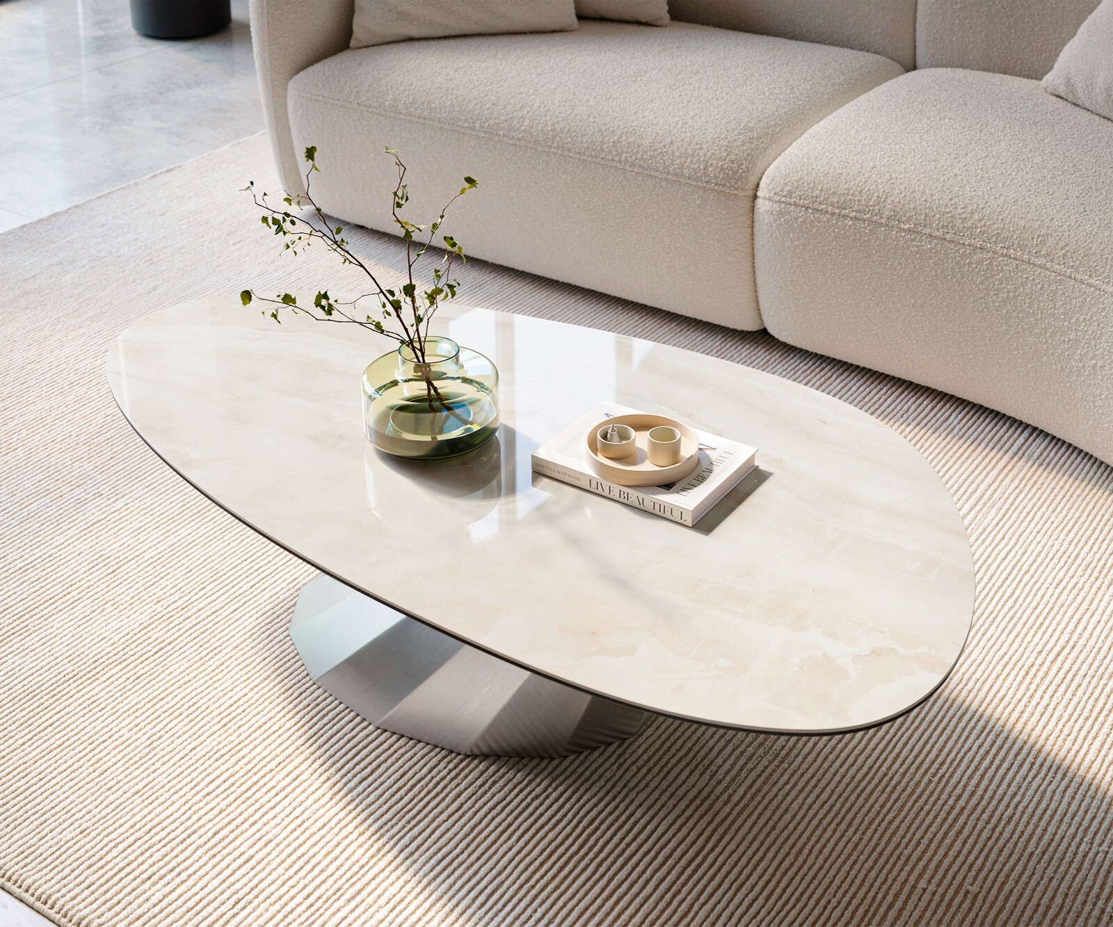 Couchtisch Edge Oval 140x75 cm Keramik Onyx Champagne Parabi Edelstahl gebürstet 1