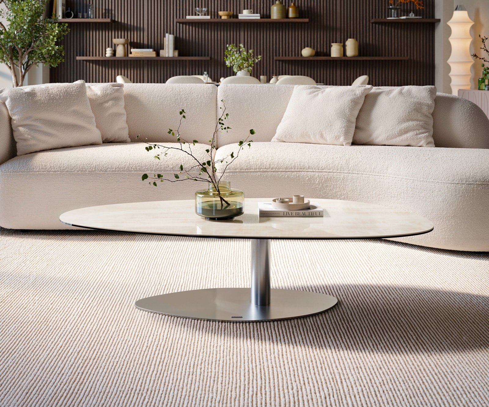 Couchtisch Edge Oval 140x75 cm Keramik Onyx Champagne Vibany Edelstahl gebürstet