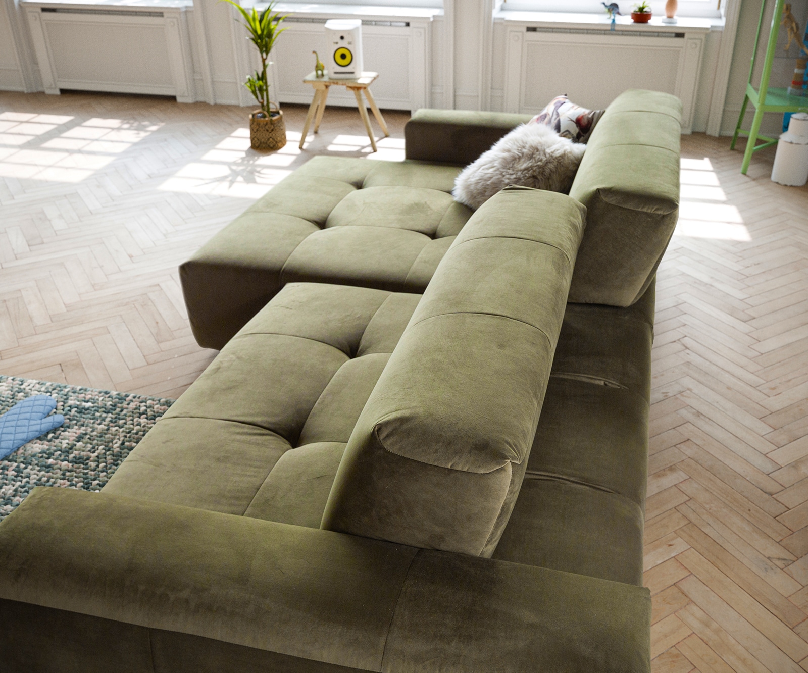 Ecksofa Lazaro 300x160 cm Samt Olive Ottomane links mit Sitztiefenverstellung 4