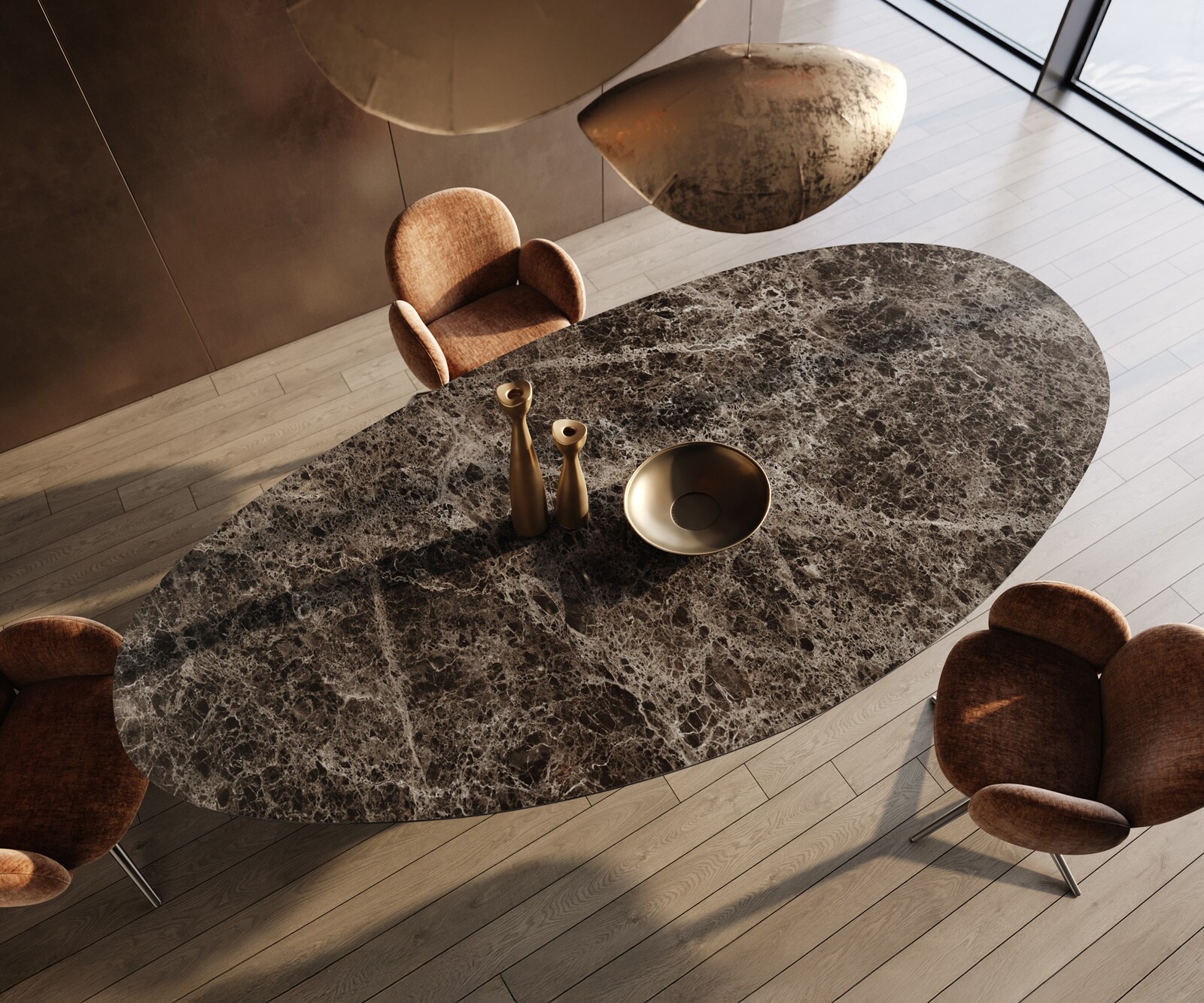 Esstisch Edge Oval 315x150 cm Keramik Emperador Extra Lucidato Dunkelbraun Prisma Metallic Gold 4