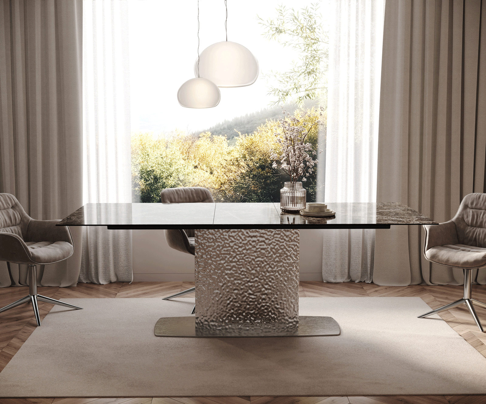 Esstisch Edge 180-220x100 Keramik Laminam® Emperador Extra Lucidato Dunkelbraun Wave Edelstahl ausziehbar 1