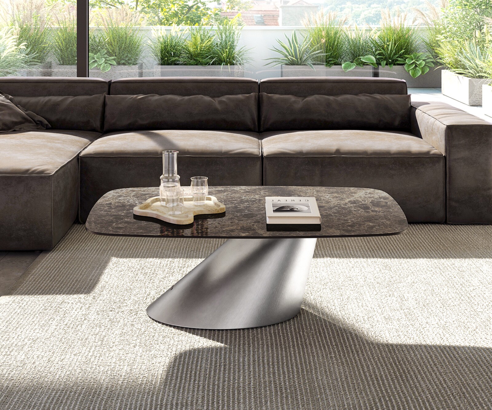 Couchtisch Edge Boot 120x70 cm Keramik Laminam® Emperador Extra Lucidato Dunkelbraun Conis Edelstahl gebürstet 1