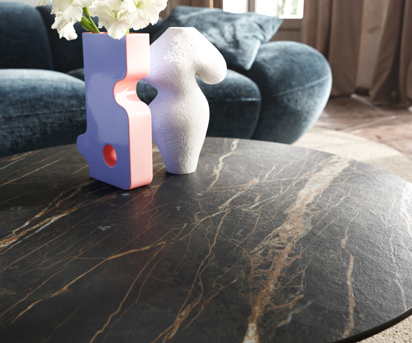 Couchtisch Edge Rund 90x90 cm Keramik Laminam® Noir Desir Braun Parabi Metallic Silber 7