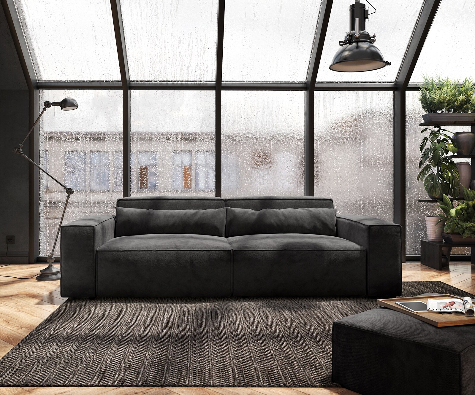 Big-Sofa Sirpio 230x95 cm Mikrofaser Schwarz mit Hocker 1